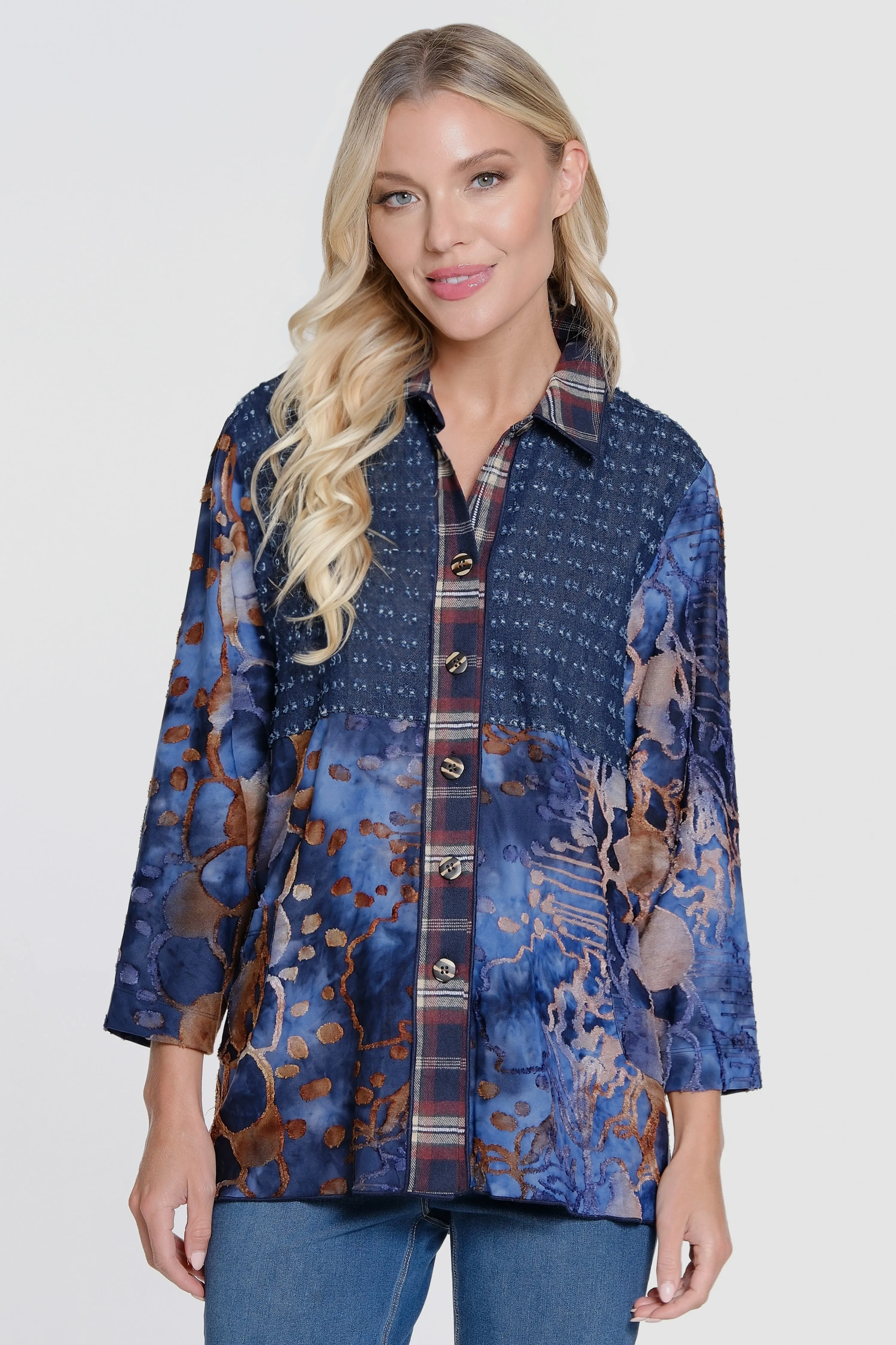 Mixed Media Button Front Tunic - Petite - Blue Indigo Multi sold by Ail Miles Clothing