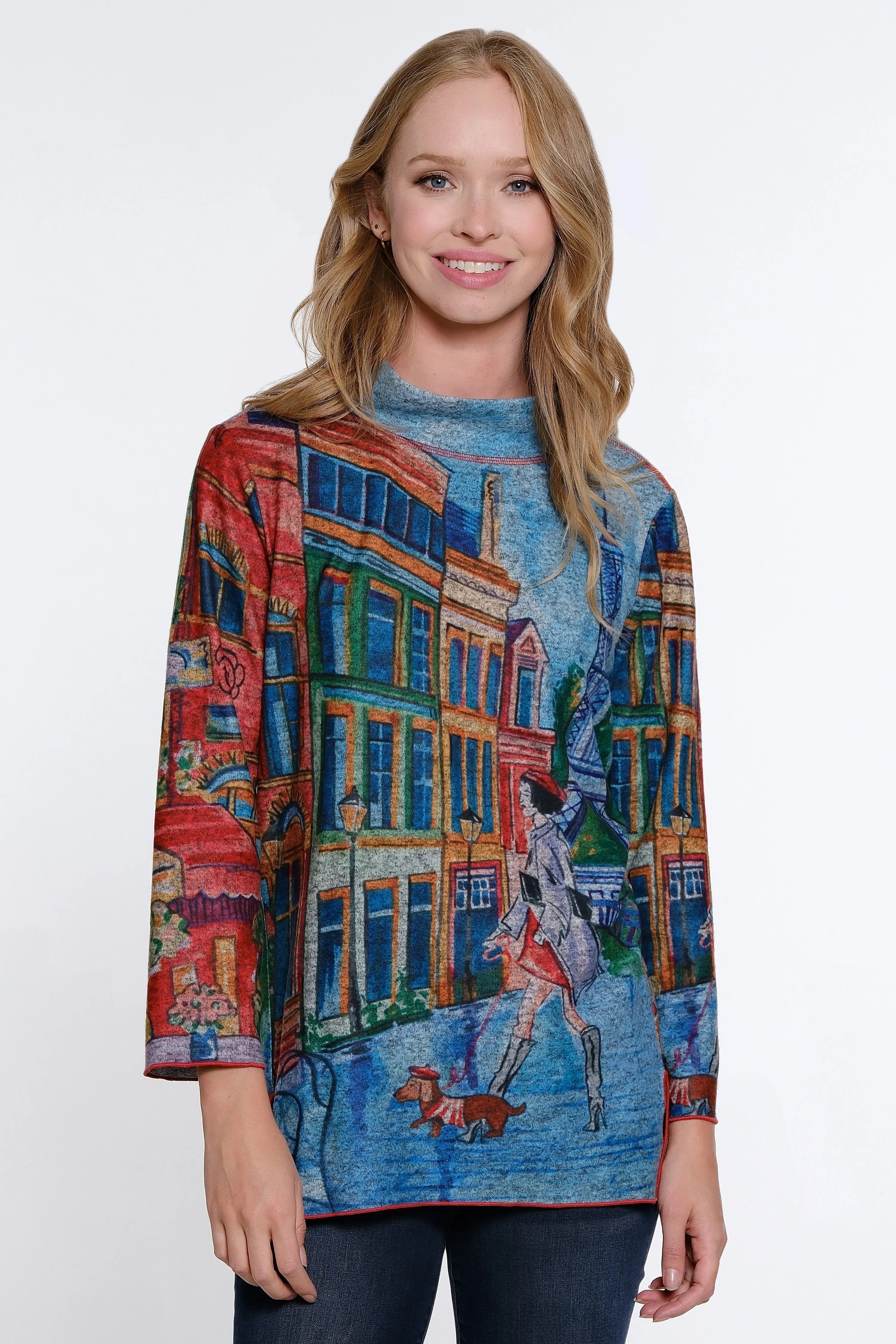 Printed Brushed Knit Tunic - City Print sold by Ail Miles Clothing
