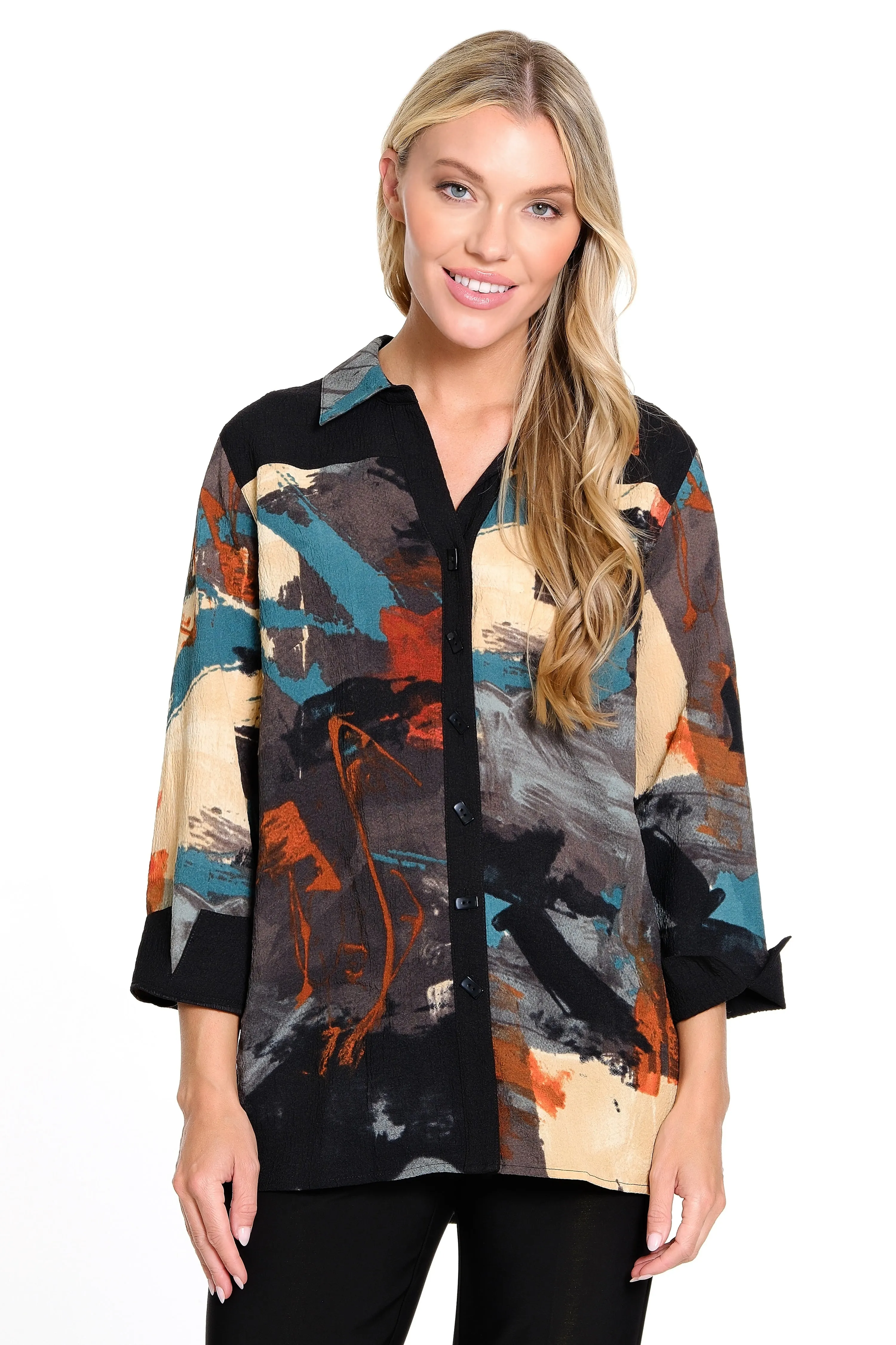3/4 Sleeve Printed Woven Button Front Tunic - Petite - Multi sold by Ail Miles Clothing