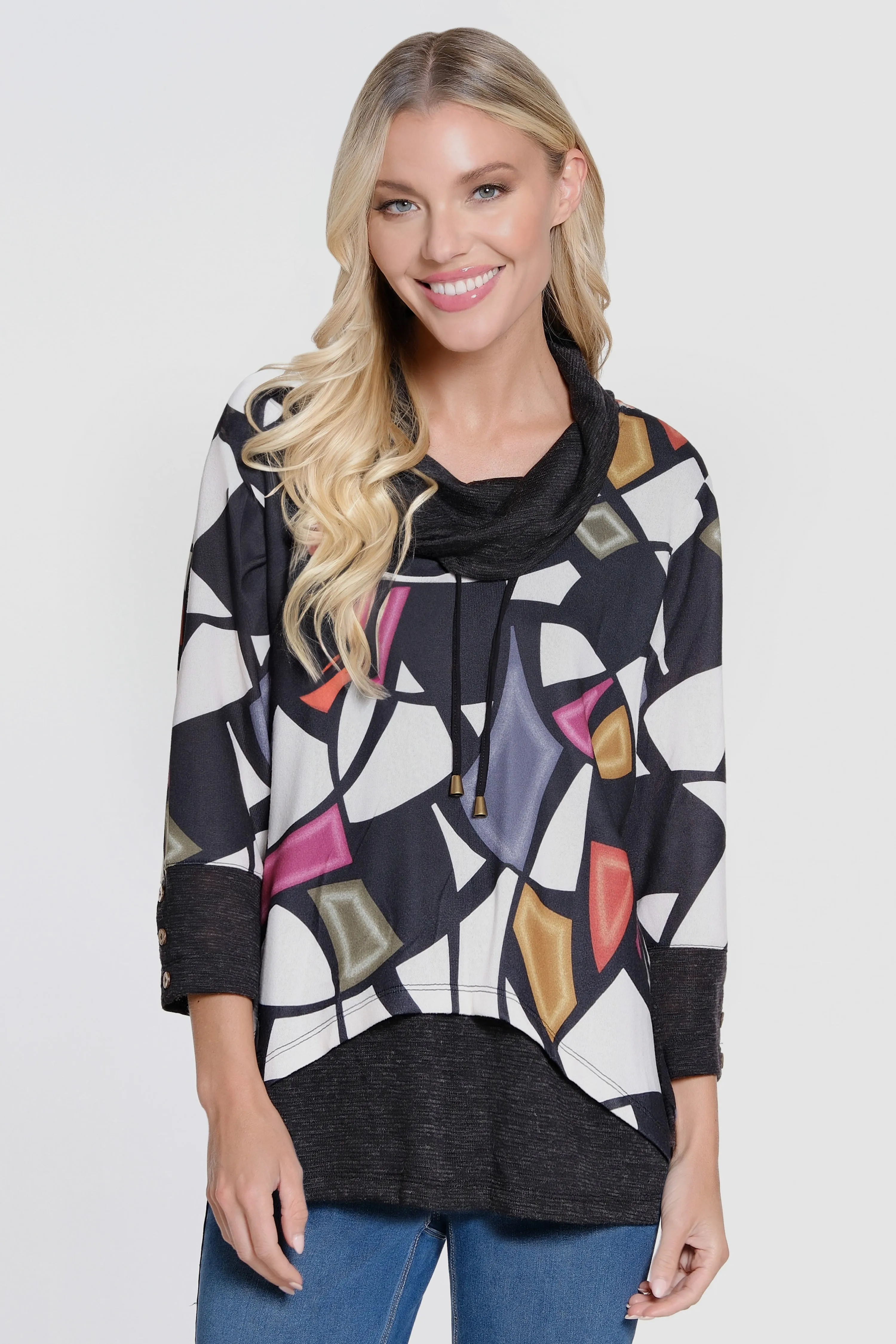 Printed Brushed Knit Double Layer Tunic - Geo Multi sold by Ail Miles Clothing
