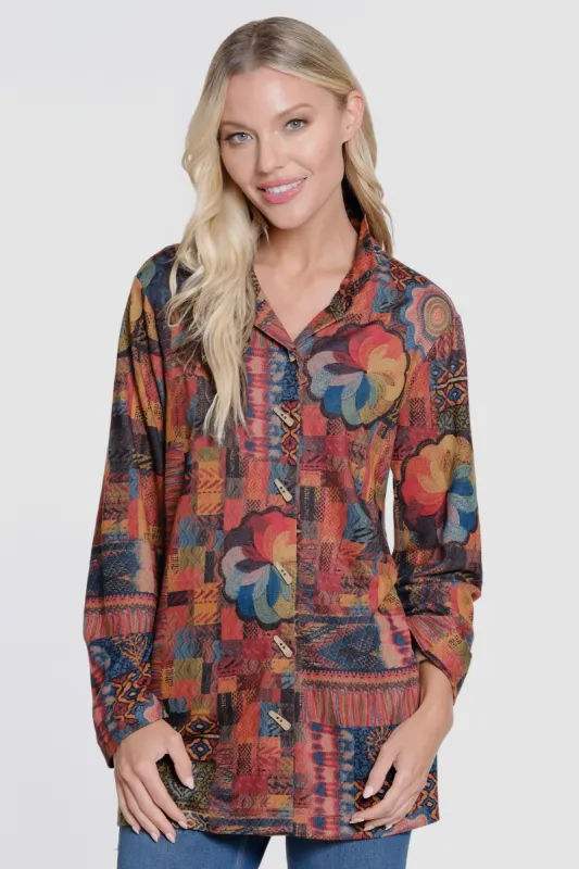 Printed Brushed Knit Button Front - Petite - Patch Print sold by Ail Miles Clothing