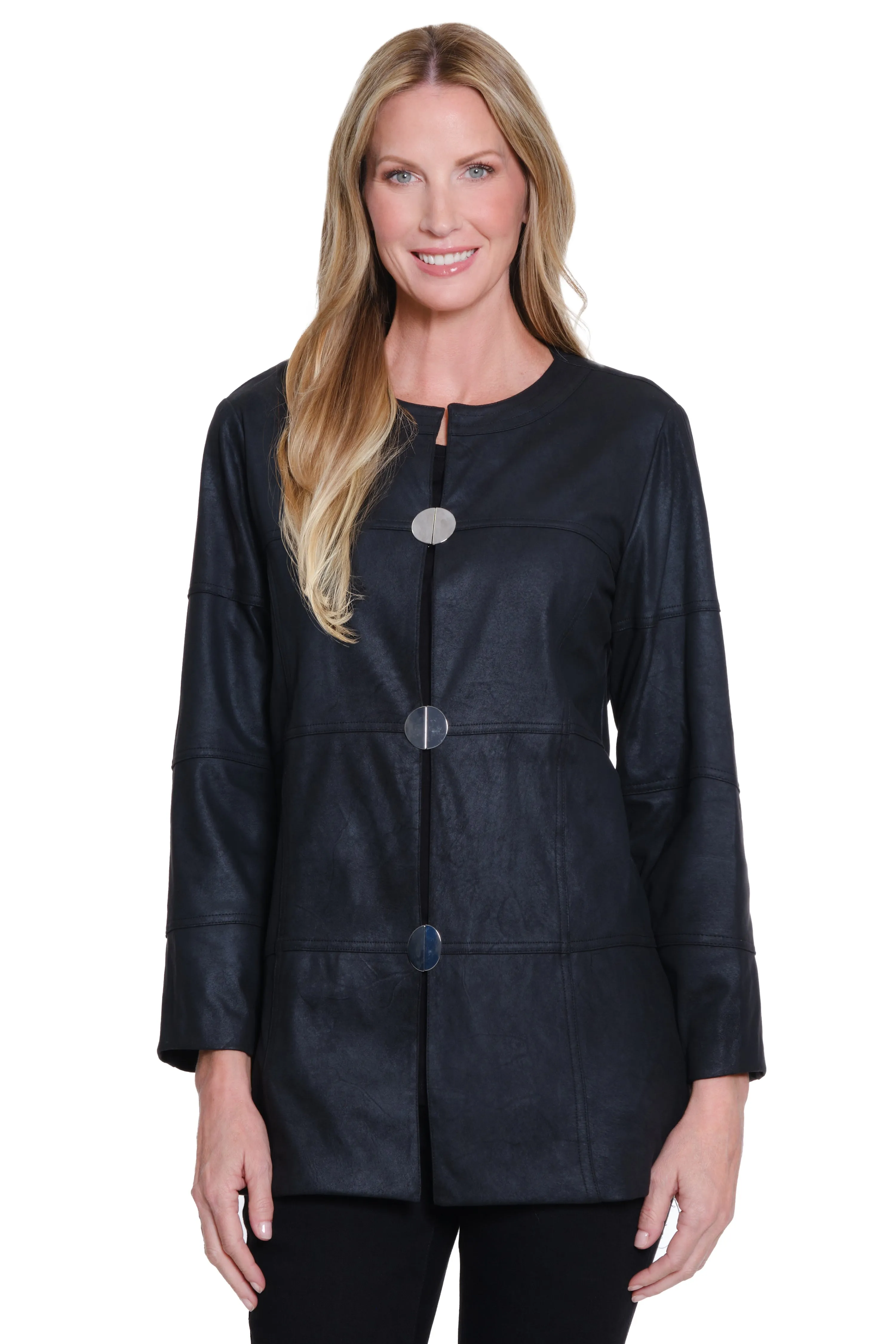Faux Suede Hook/Eye Closure Jacket - Black sold by Ail Miles Clothing