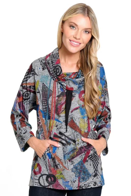 Printed Knit Tunic with Drawcord - Women's - Grey Multi sold by Ail Miles Clothing