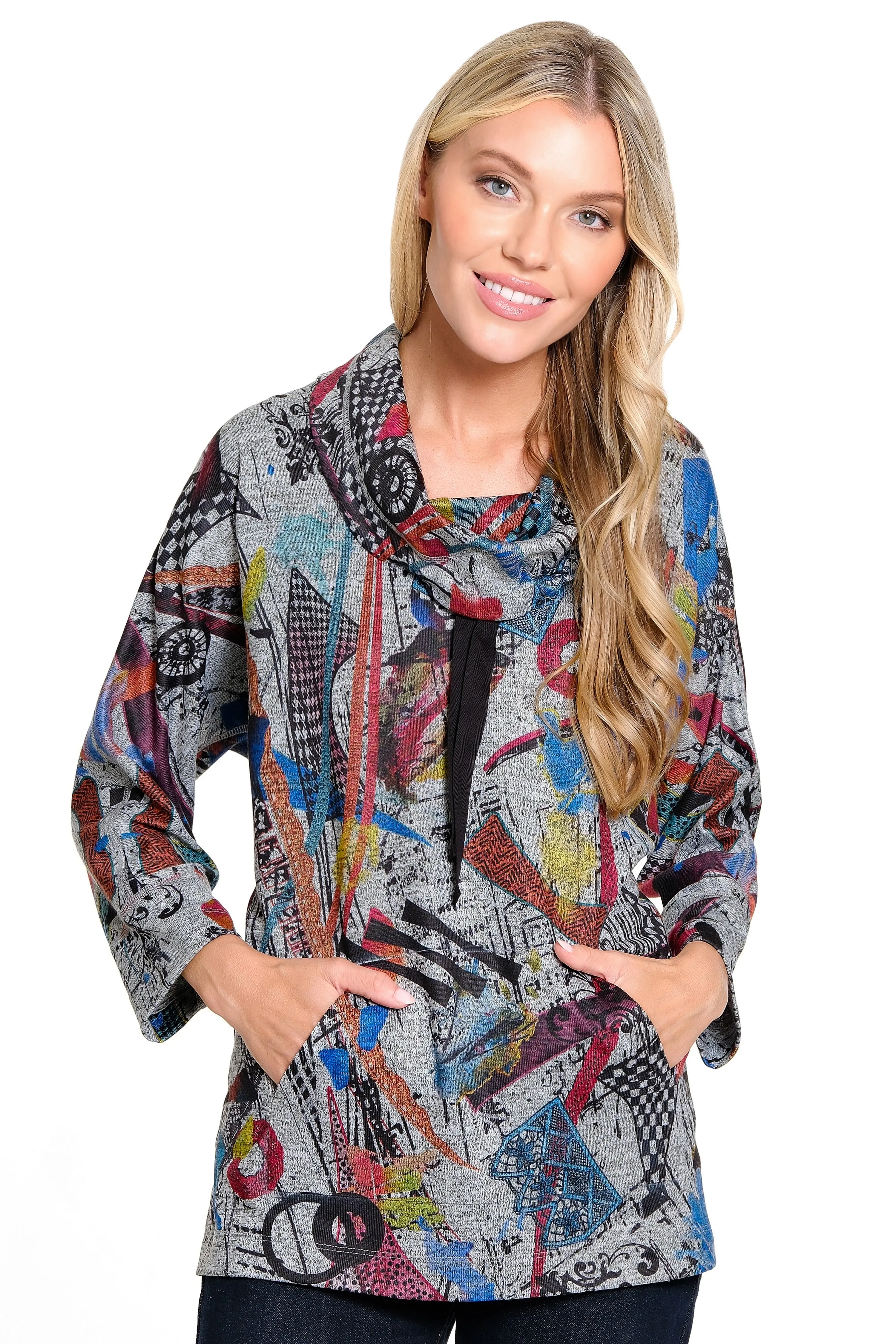 Printed Knit Tunic with Drawcord - Petite - Grey Multi sold by Ail Miles Clothing