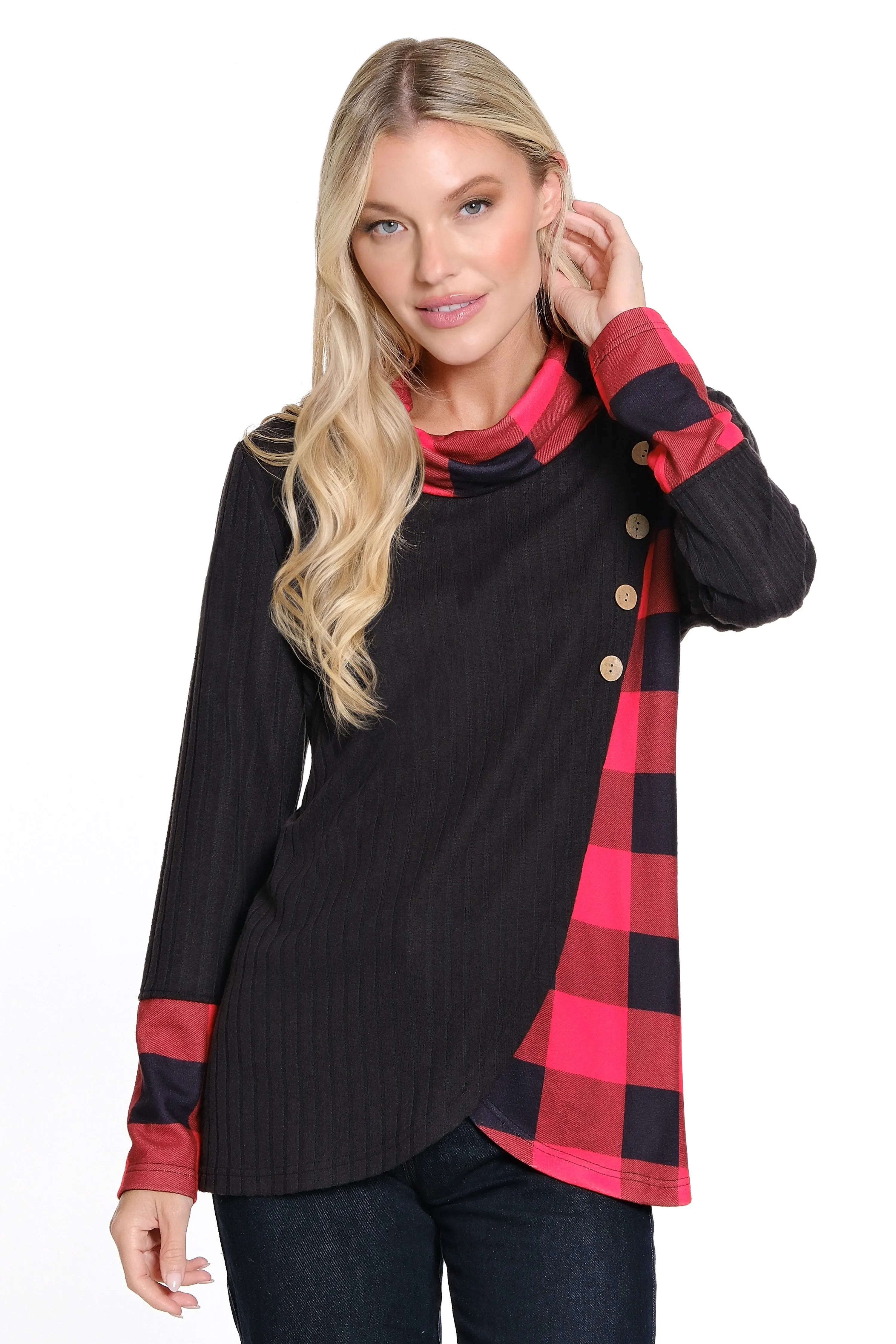 Cowl Neck Plaid Tunic - Women's - Black/Red Print sold by Ail Miles Clothing
