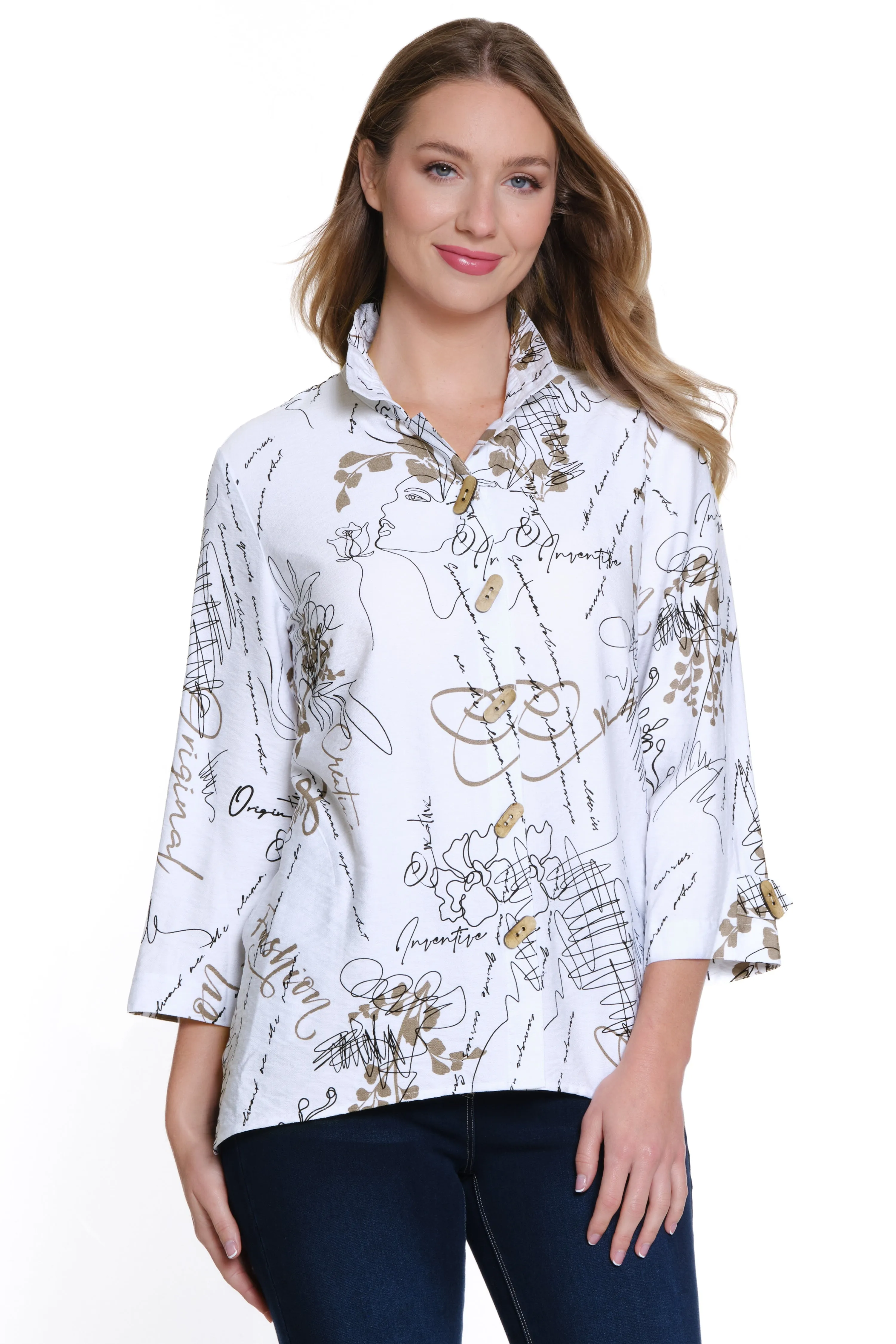 Woven Print Button-Up - Petite - Neutral Print sold by Ail Miles Clothing