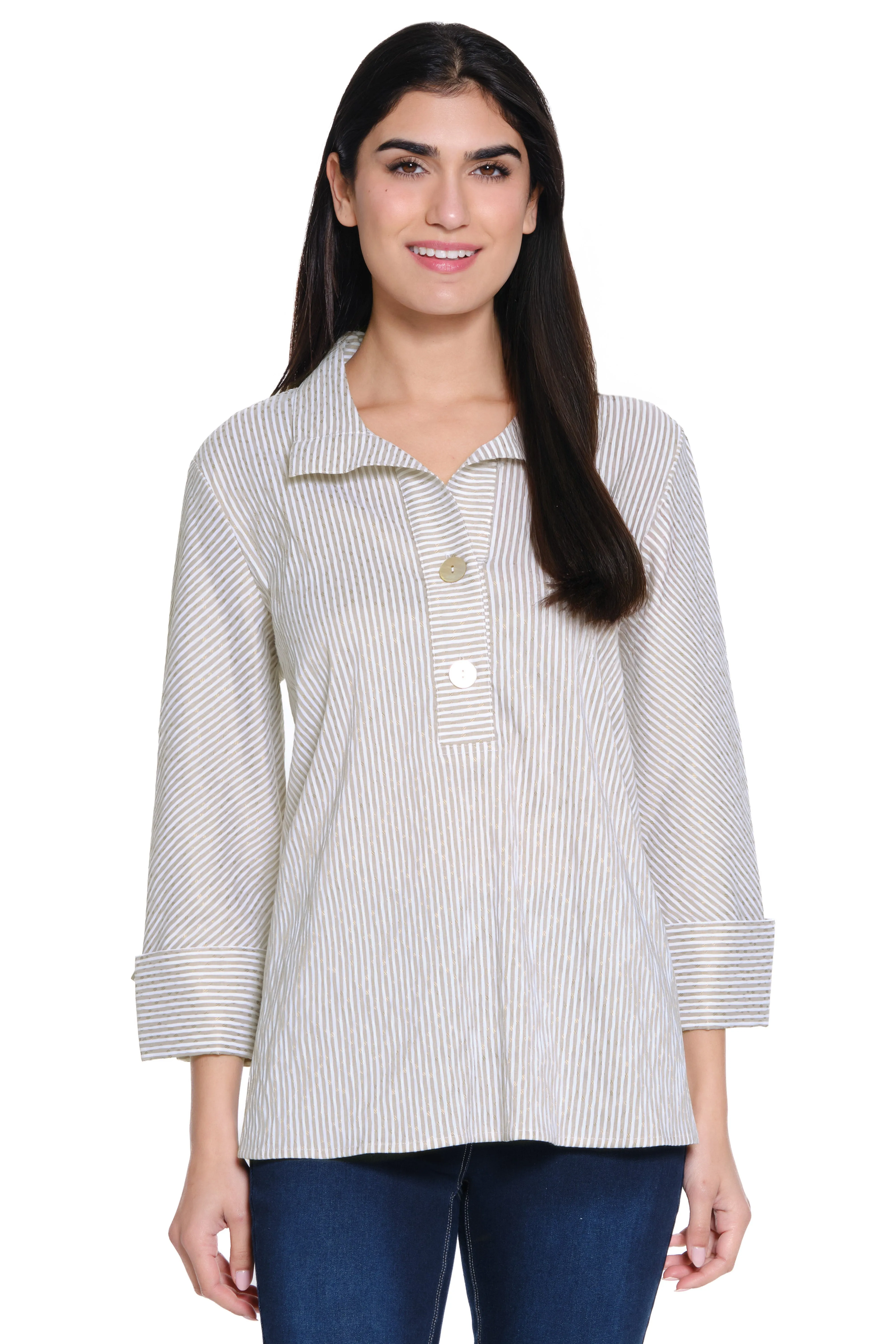 Crinkle Striped Pop over Tunic - Petite - Khaki sold by Ail Miles Clothing