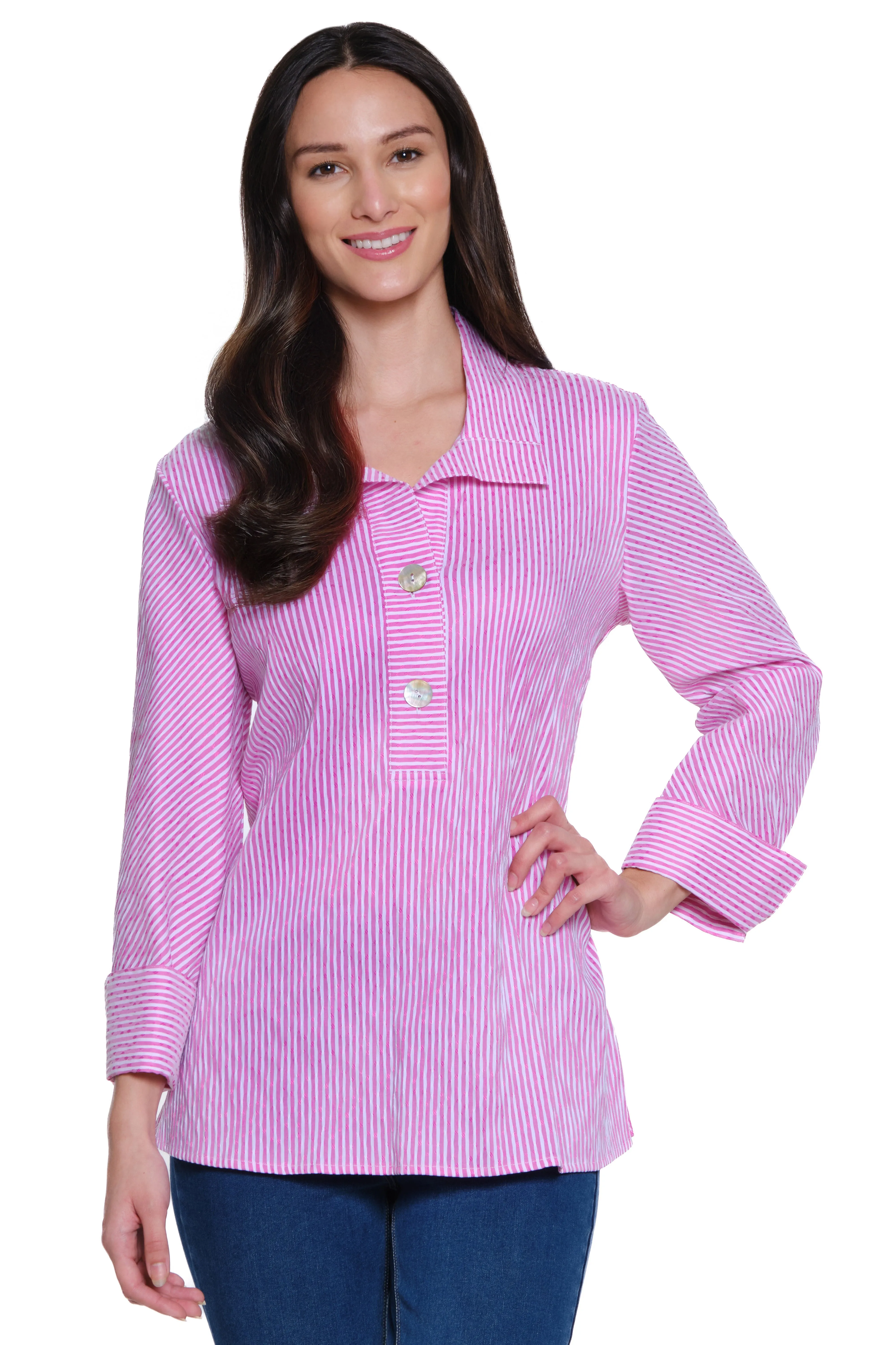 Crinkle Striped Pop over Tunic - Bright Pink sold by Ail Miles Clothing