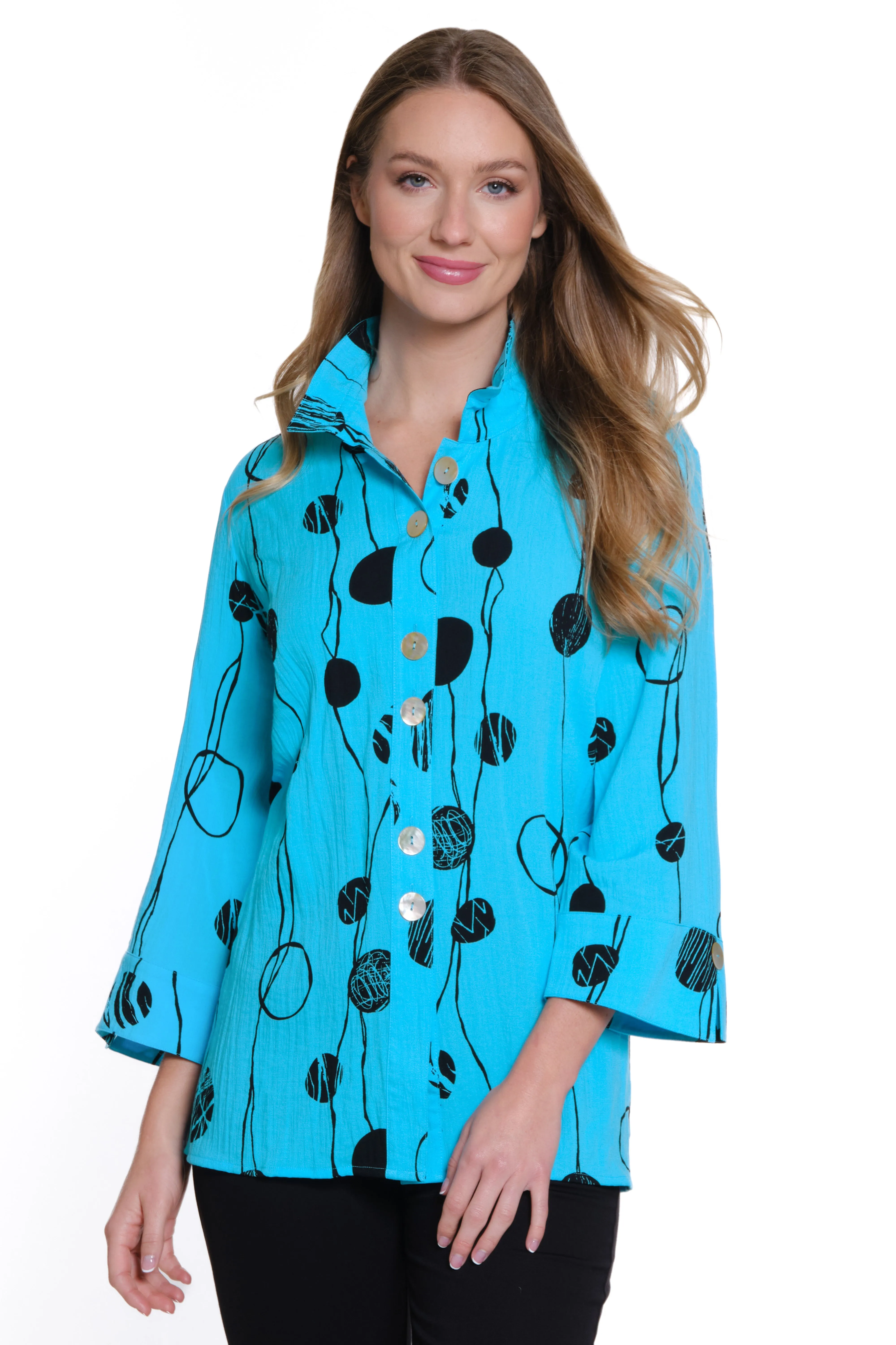 Printed Woven Crinkle Button Front Tunic - Petite - Tiffany Blue sold by Ail Miles Clothing