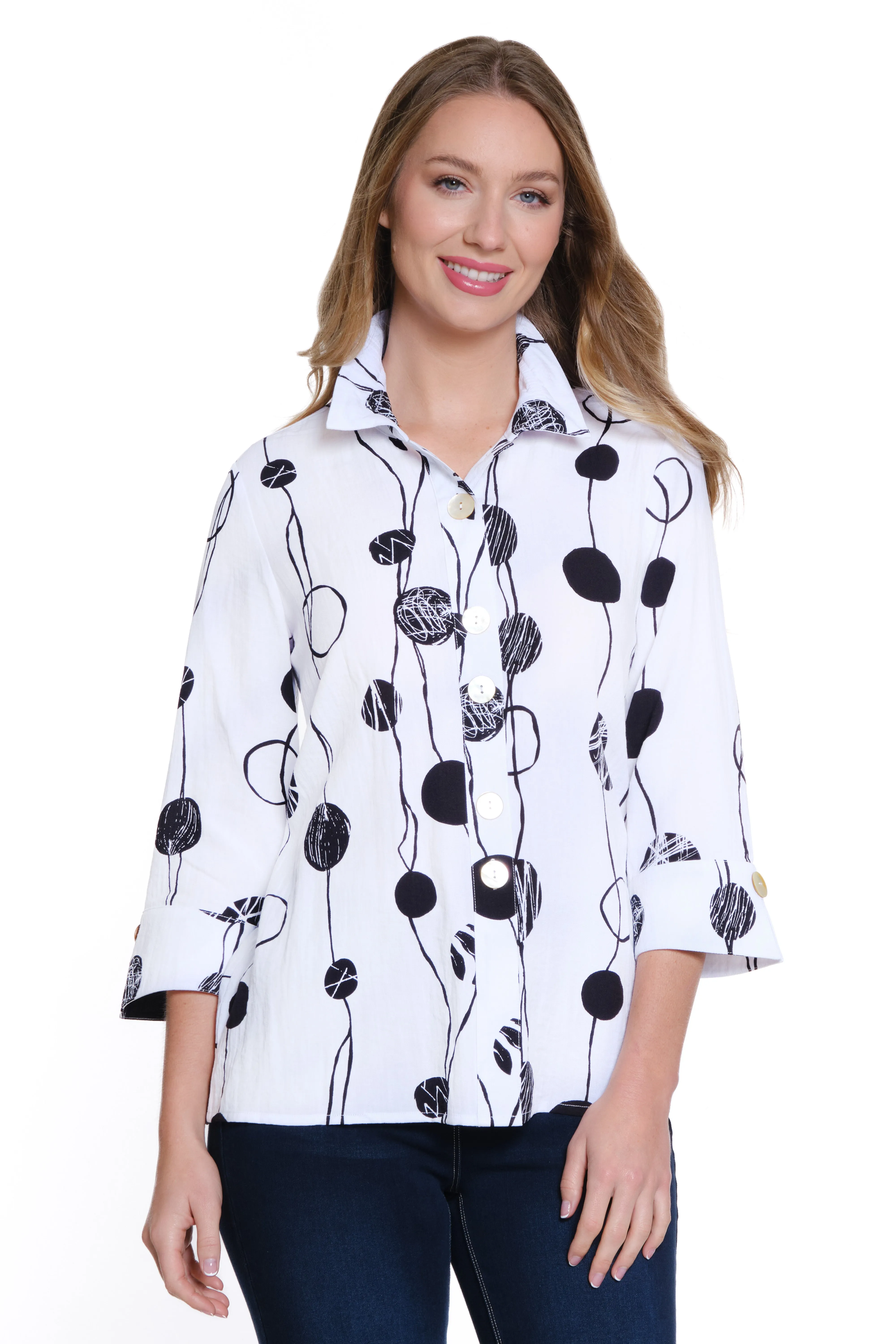 Printed Woven Crinkle Button Front Tunic - Petite - Black/White Print sold by Ail Miles Clothing