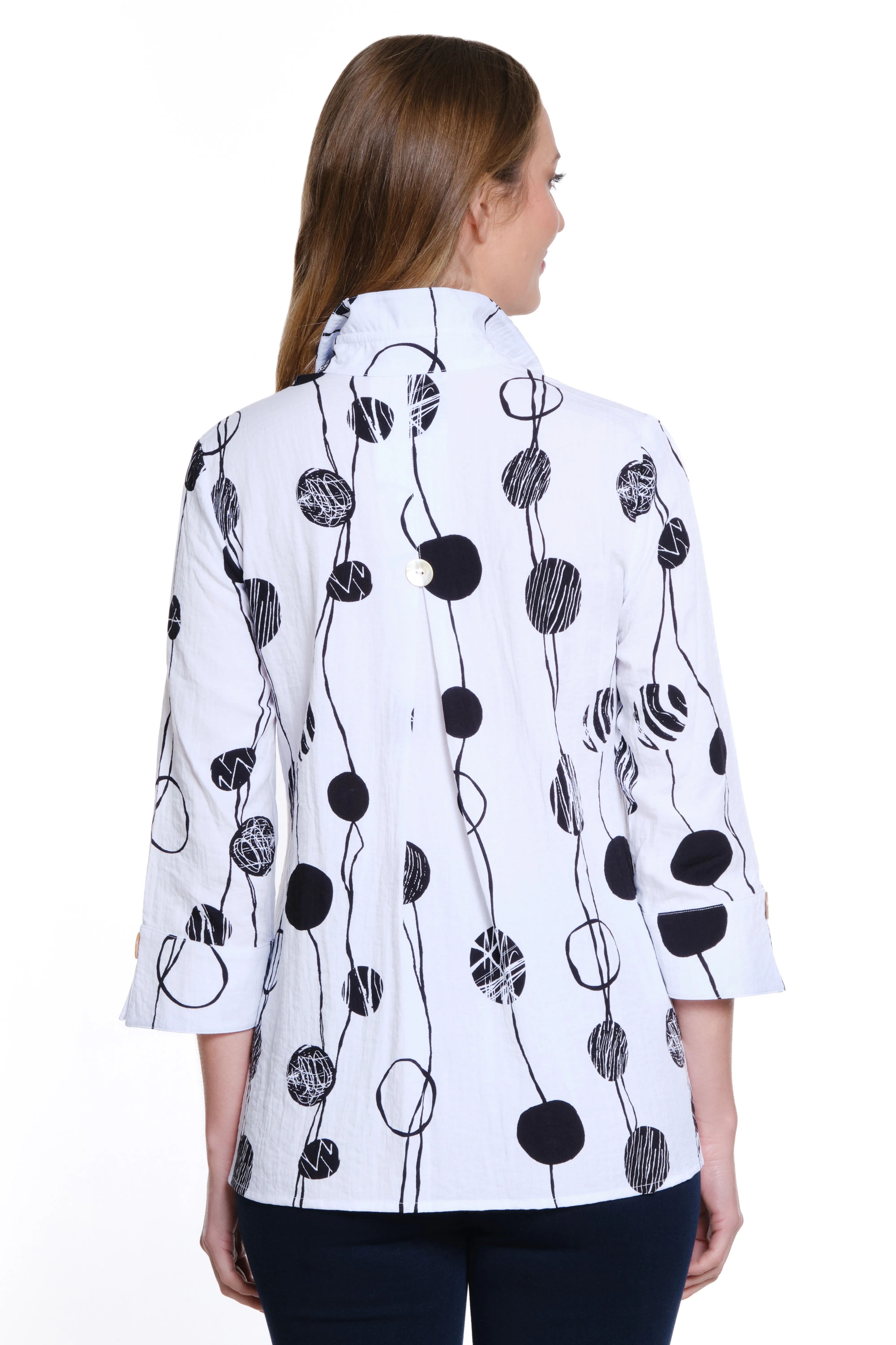 Printed Woven Crinkle Button Front Tunic - Petite - Black/White Print sold by Ail Miles Clothing product image thumbnail 2