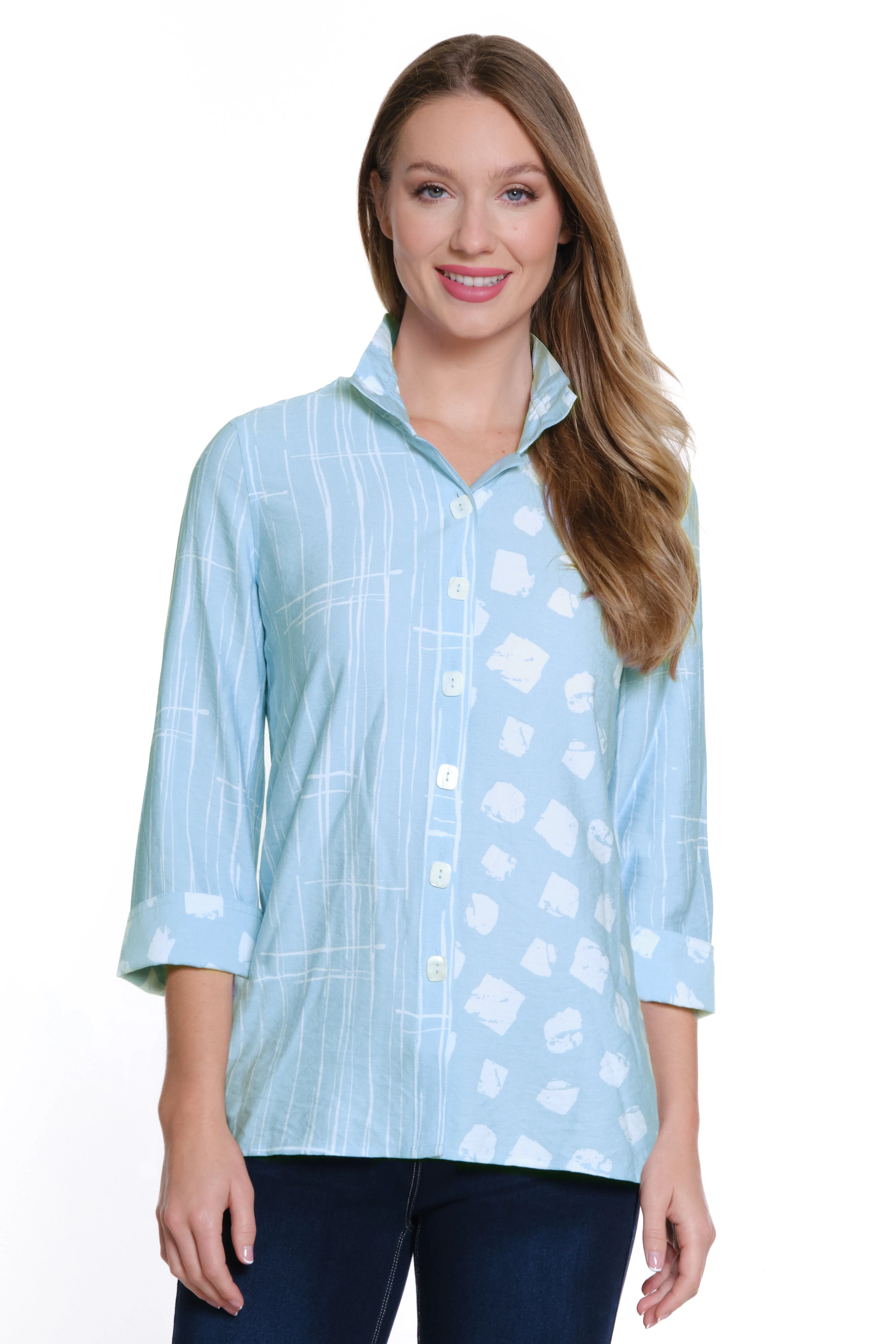 Printed Woven Button Front Shirt - Chambray Print sold by Ail Miles Clothing