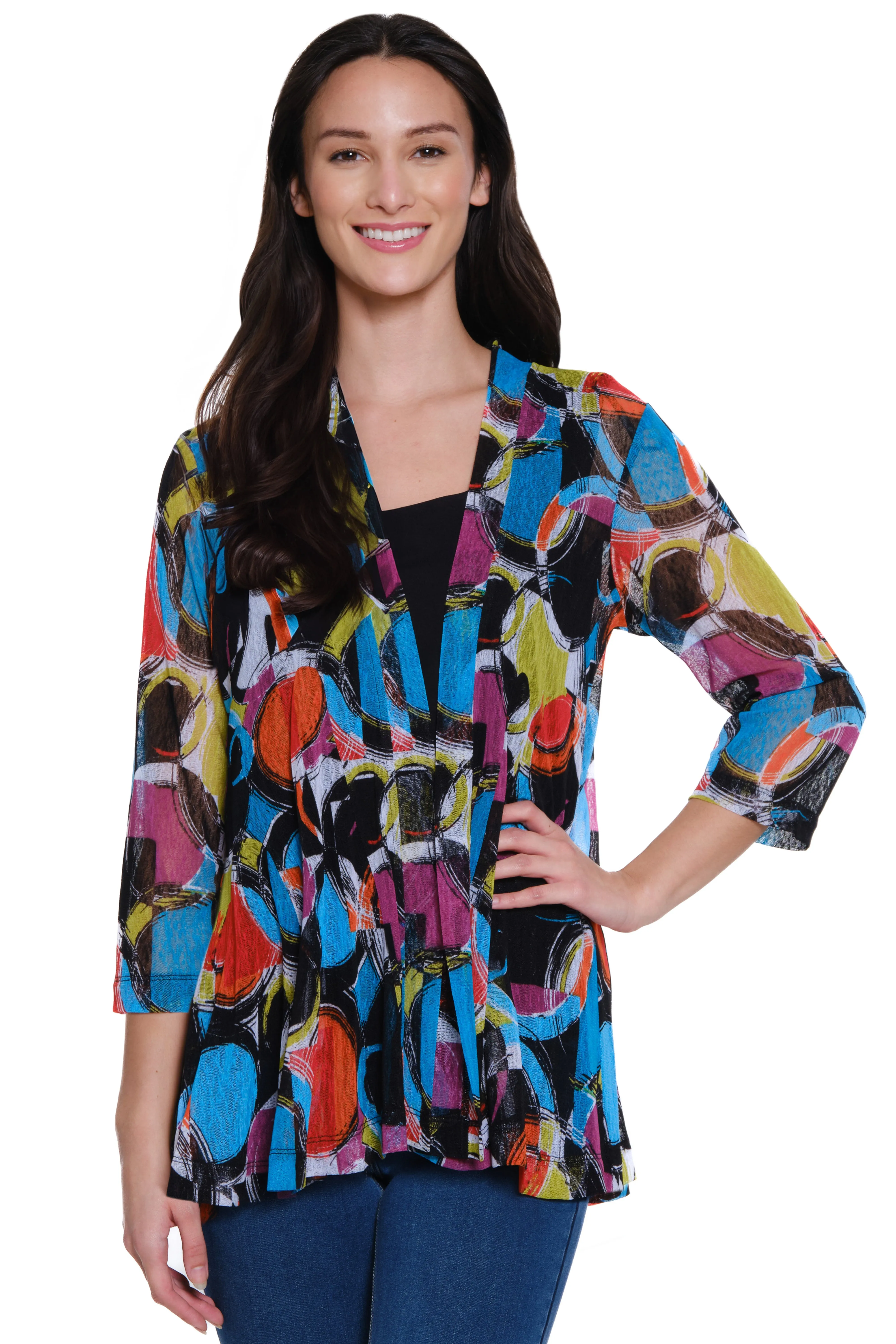 Printed Mesh Open Front Kimono - Petite - Geo Multi sold by Ail Miles Clothing