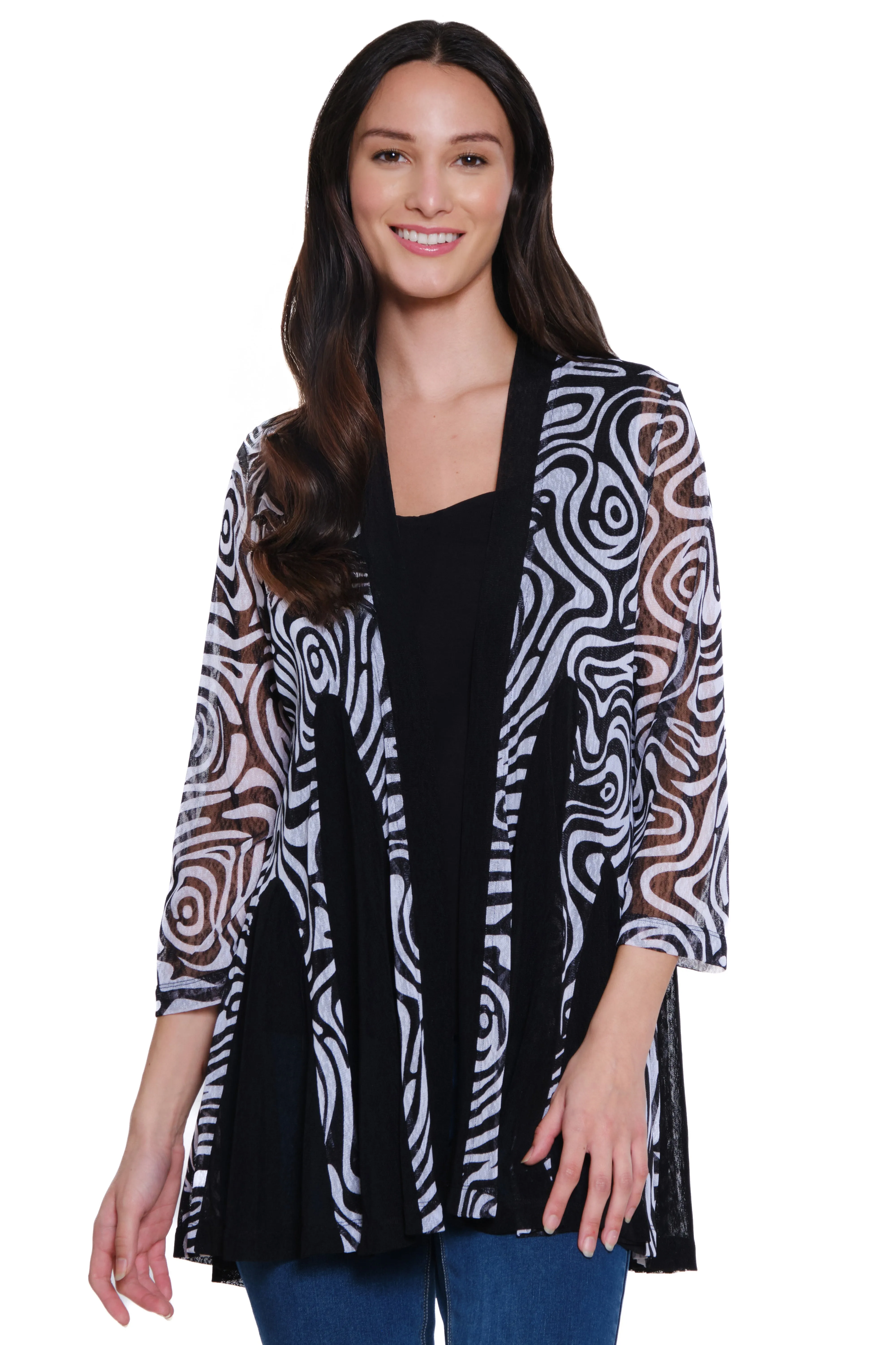 Printed Mesh Open Front Kimono - Black/White Print sold by Ail Miles Clothing