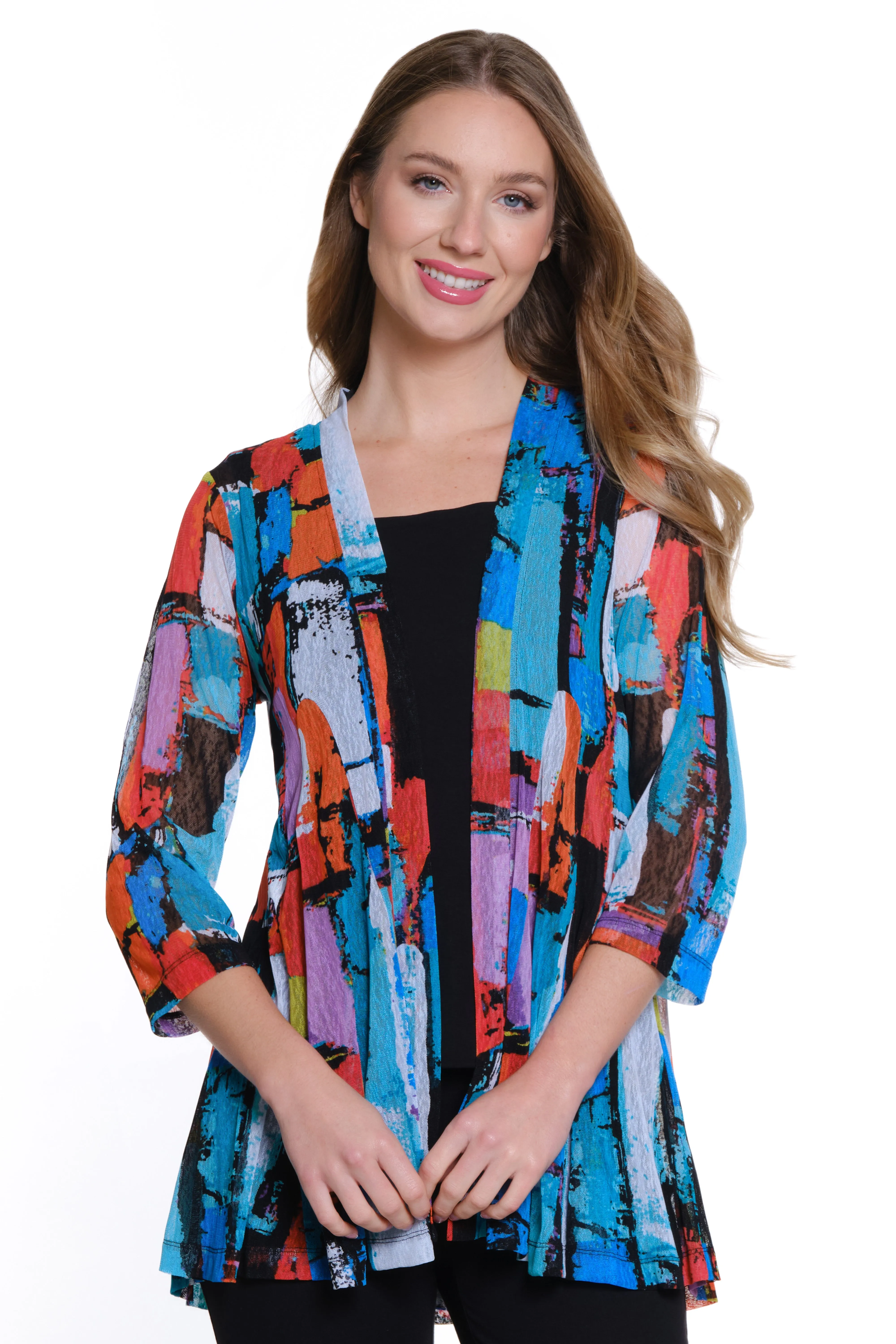 Printed Mesh Open Front Kimono - Abstract Multi sold by Ail Miles Clothing
