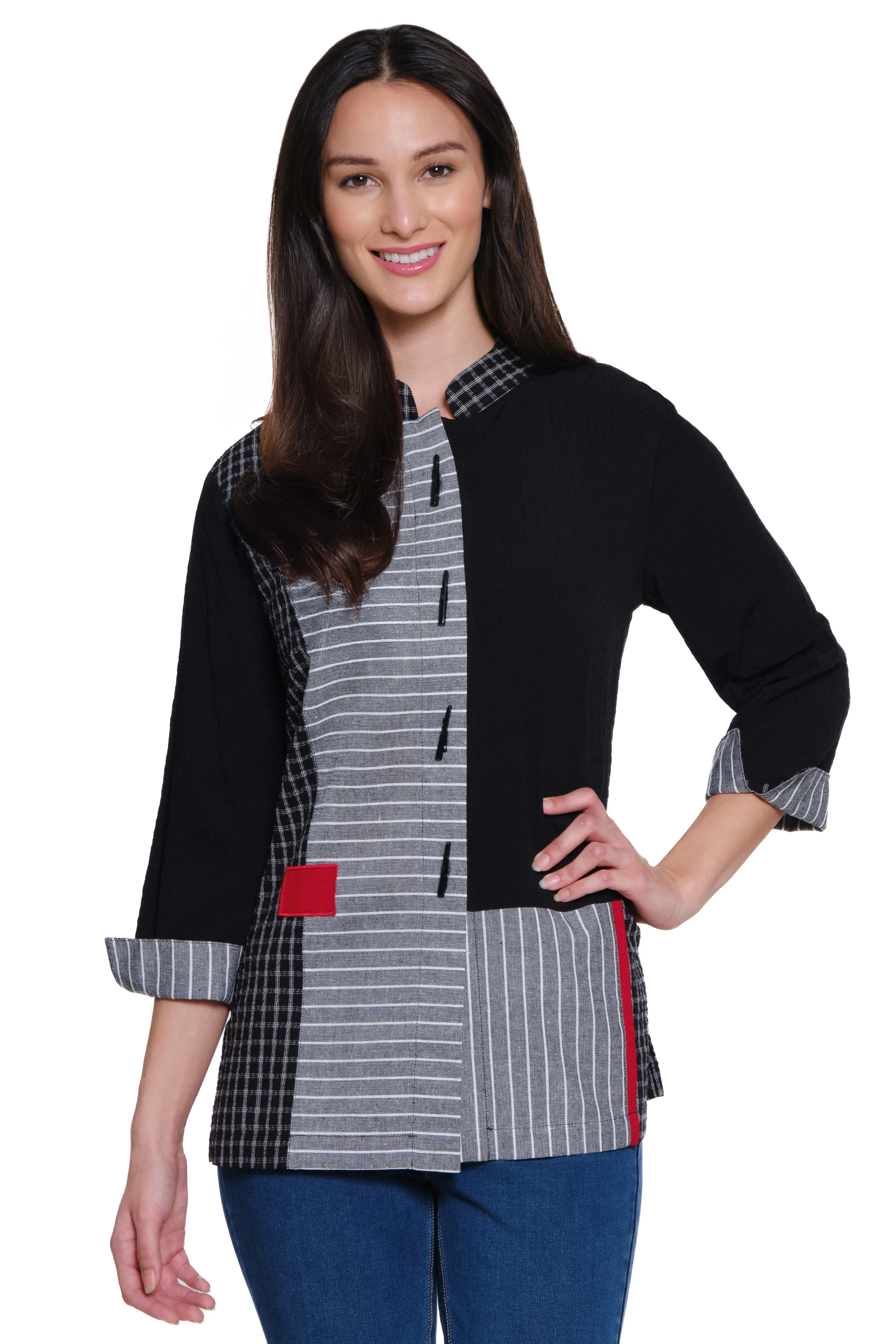 Woven Mixed Media Button Front Tunic - Black/White sold by Ail Miles Clothing
