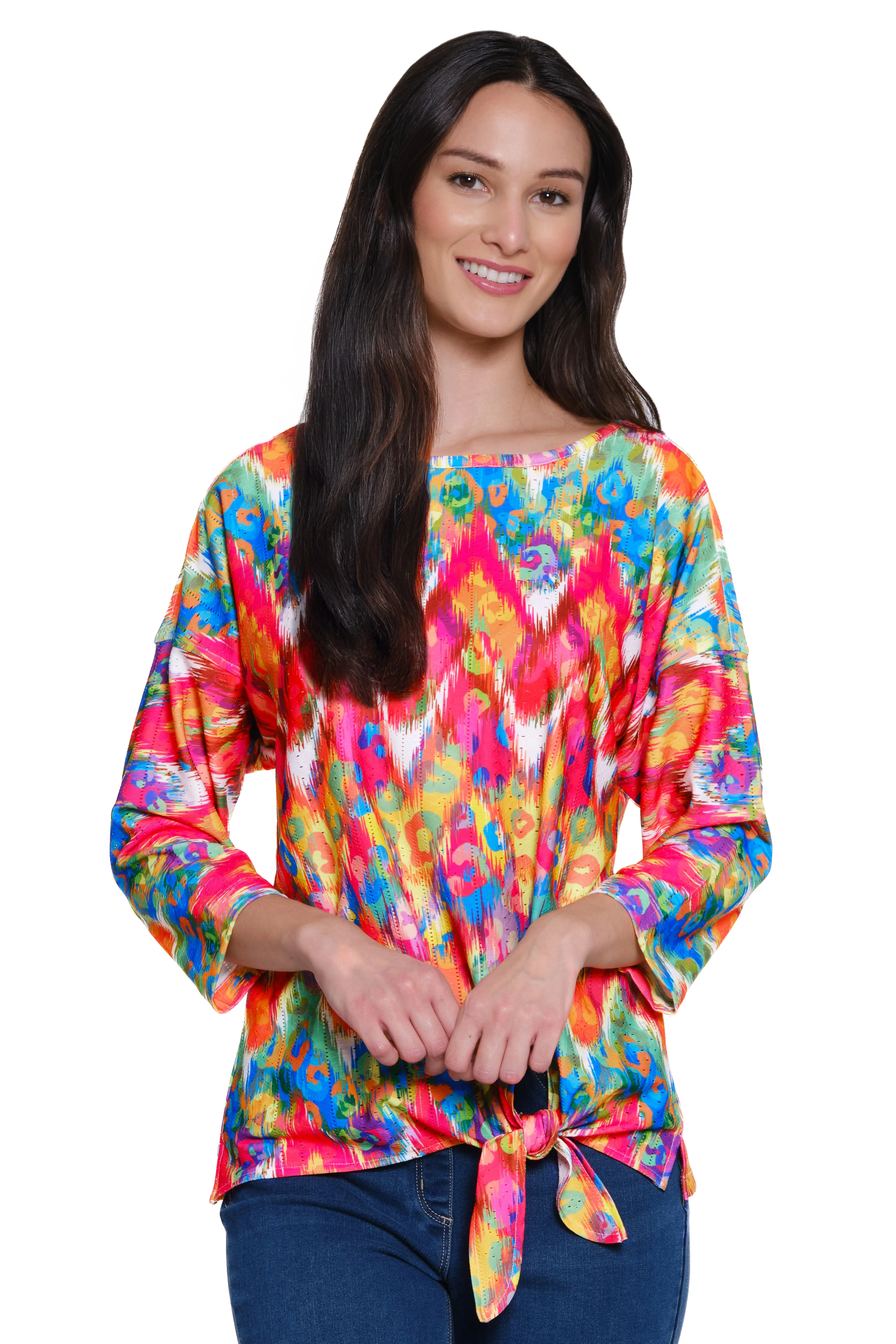 Textured Knit Printed Eyelet Pop Over Tunic - Women's - Abstract Multi sold by Ail Miles Clothing