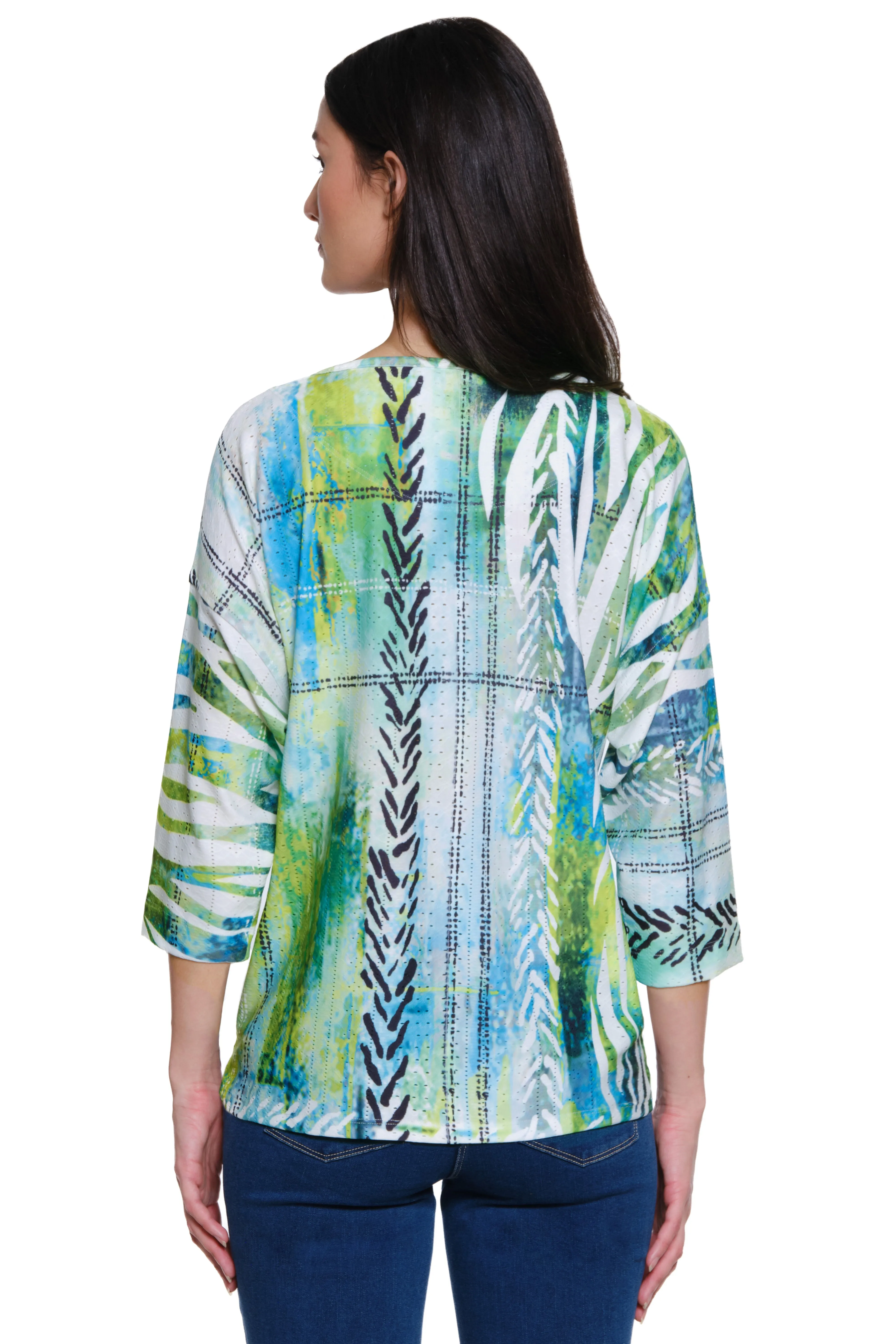 Textured Knit Printed Eyelet Pop Over Tunic - Green Print sold by Ail Miles Clothing product image thumbnail 2