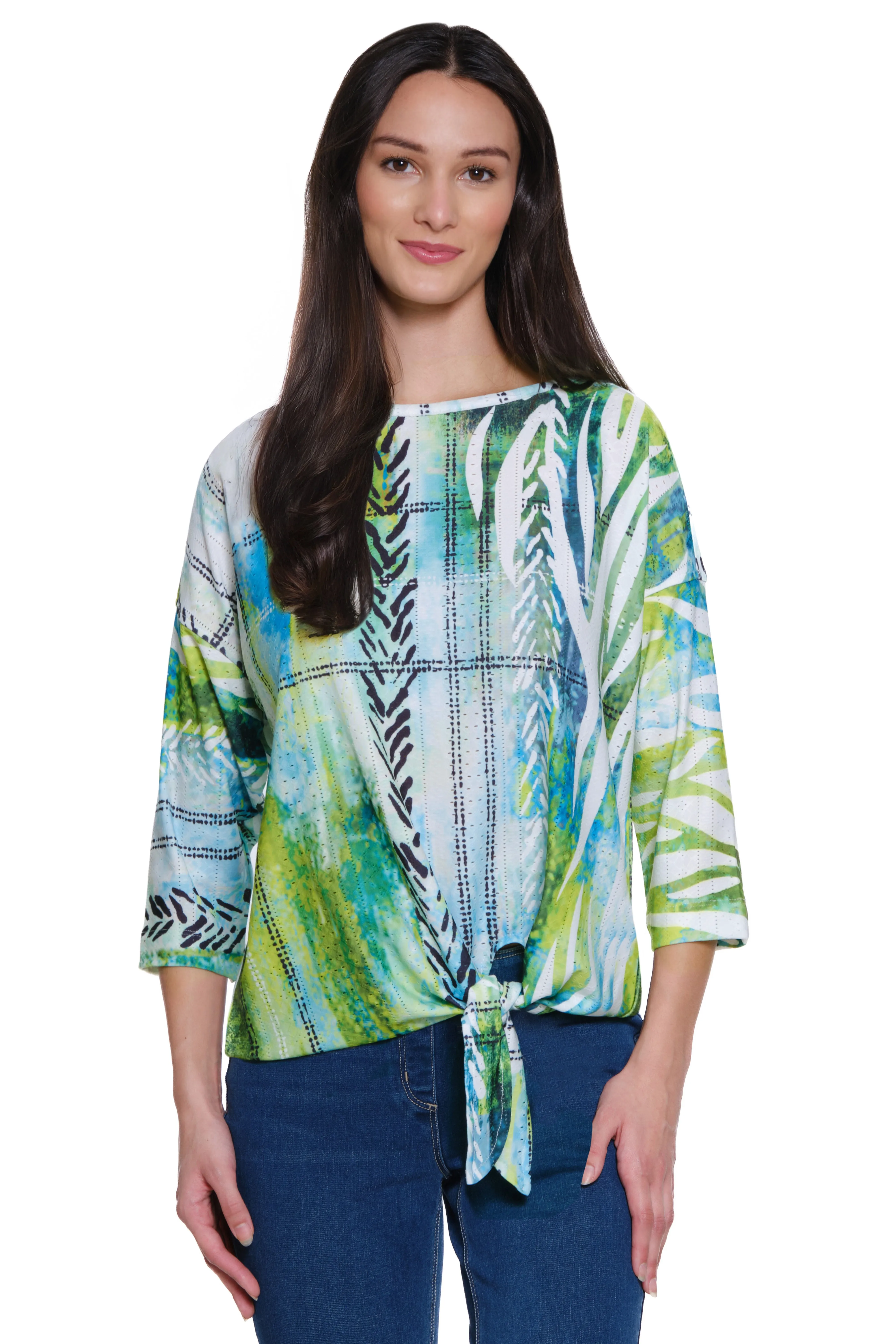 Textured Knit Printed Eyelet Pop Over Tunic - Green Print sold by Ail Miles Clothing