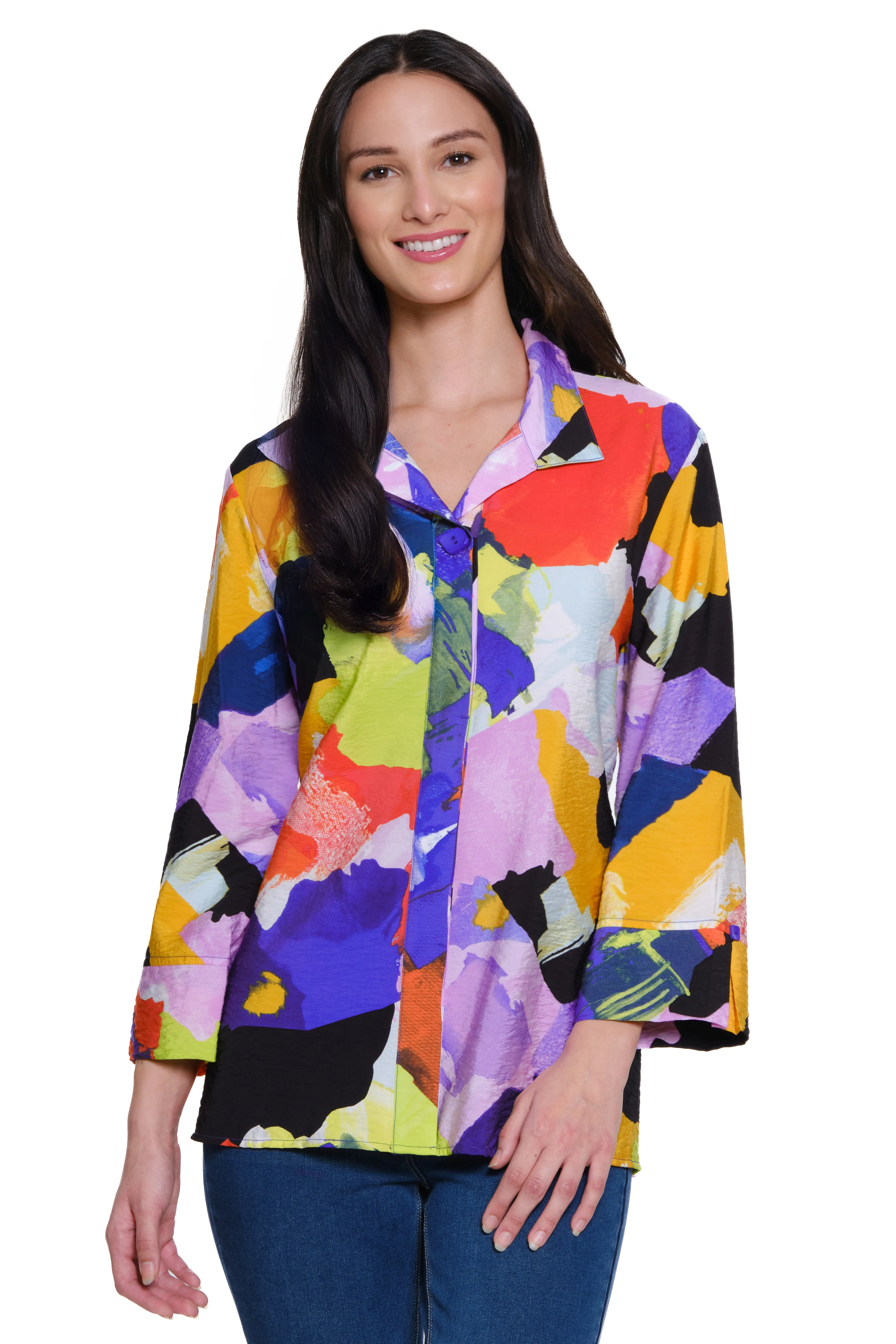 Printed Woven Tunic with Bell Sleeves - Petite - Abstract Multi sold by Ail Miles Clothing