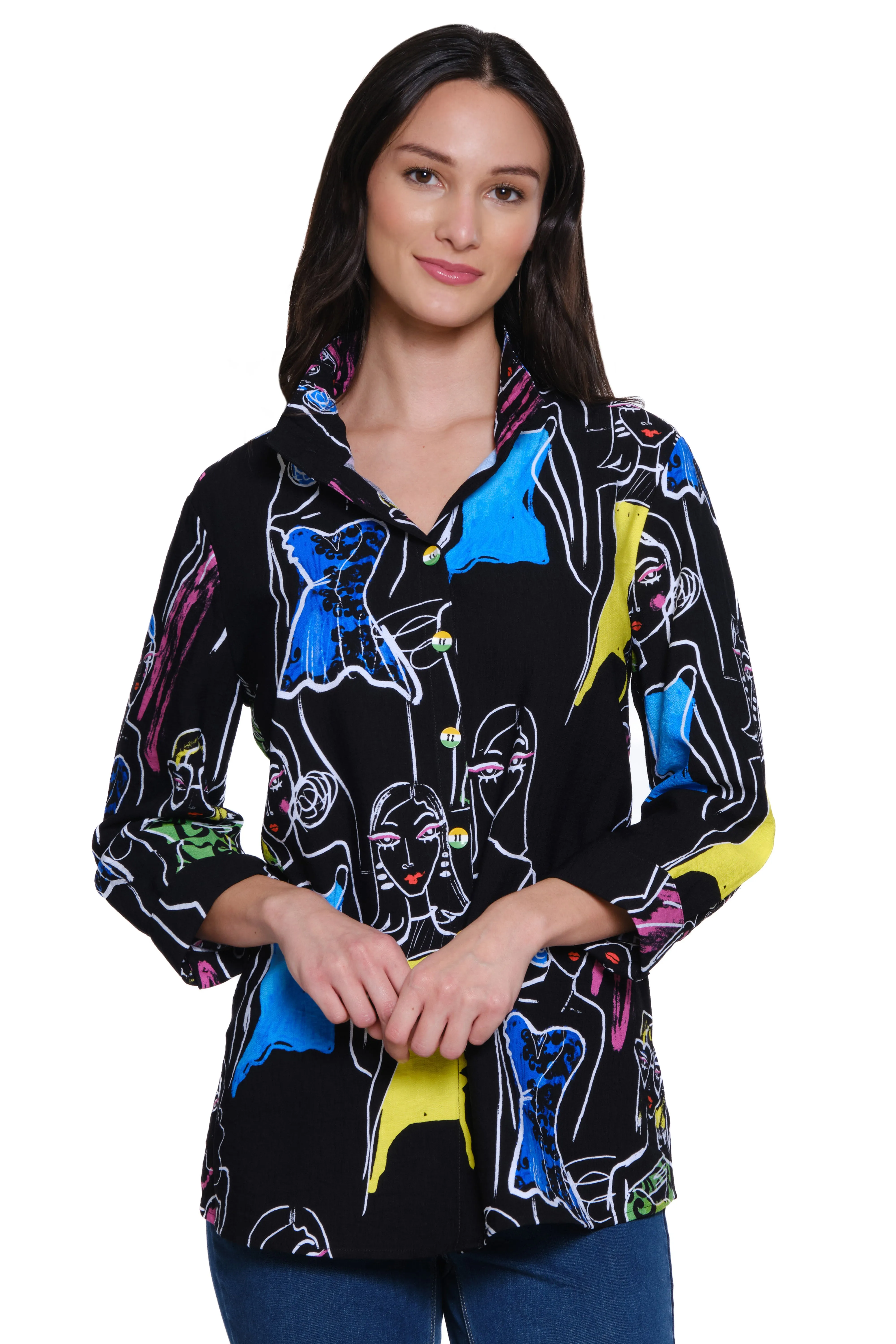 Printed Faces Button Front Tunic - Petite - Abstract Multi sold by Ail Miles Clothing