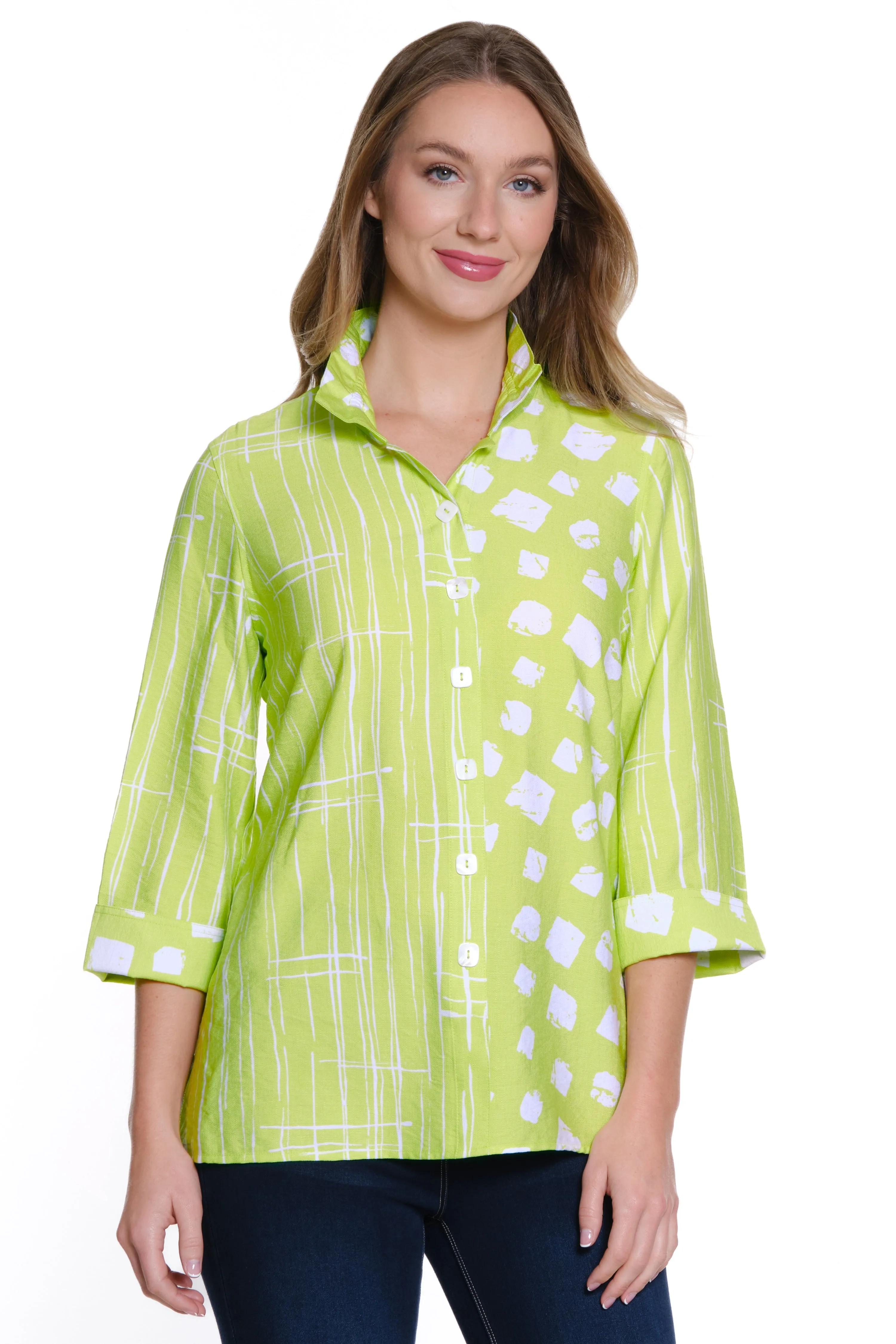 Printed Woven Button Front Shirt - Women's - Soft Lime sold by Ail Miles Clothing