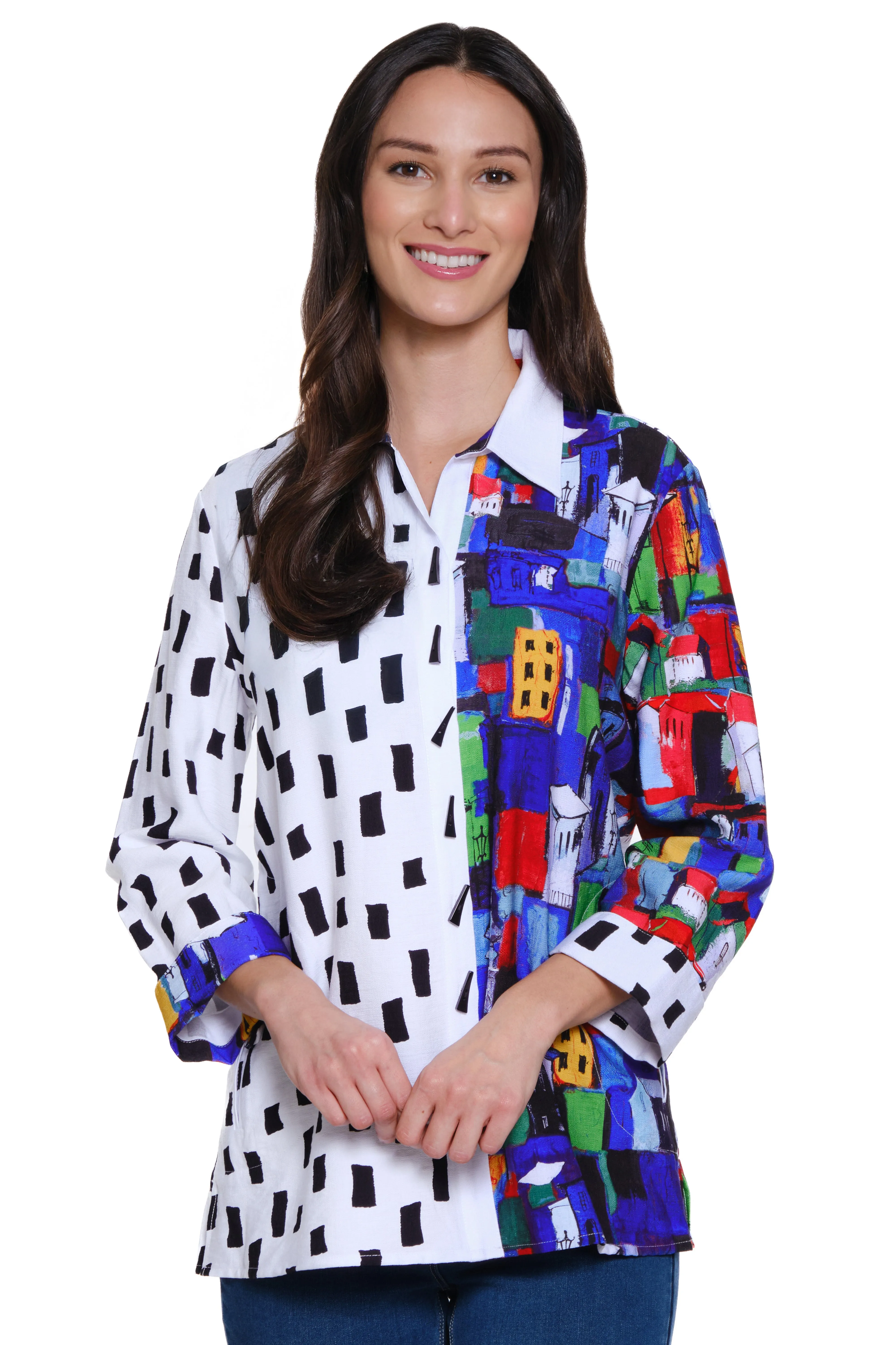 Woven Printed Button Front Tunic - Petite - City Print sold by Ail Miles Clothing