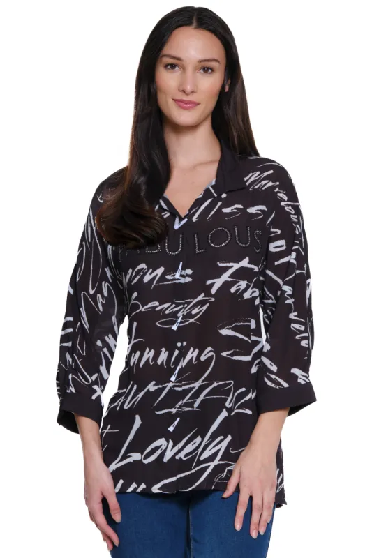 Woven Print Tunic with Crystal Detail - Women's - Black/White Print made by Ail Miles Clothing