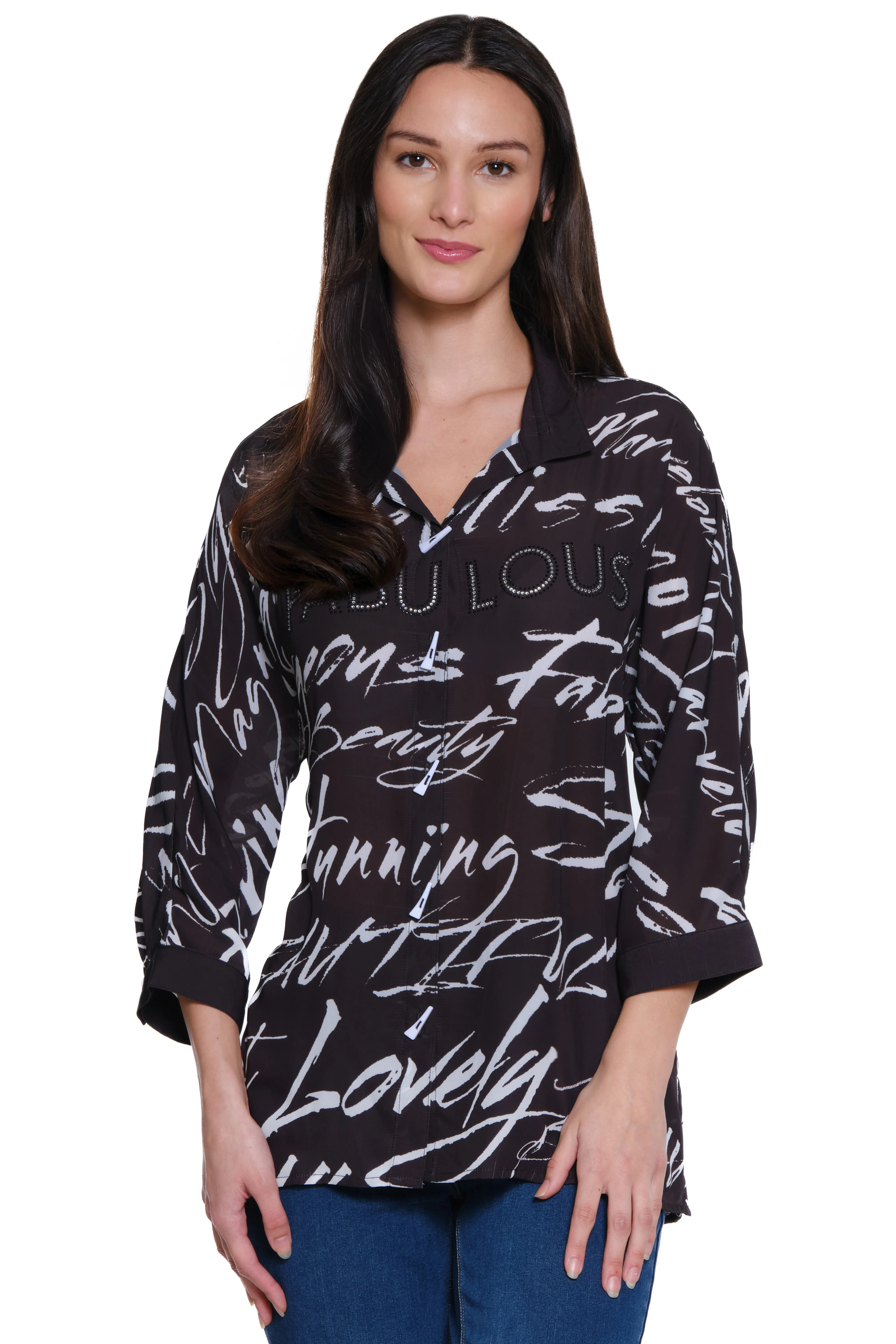 Woven Print Tunic with Crystal Detail - Women's - Black/White Print sold by Ail Miles Clothing