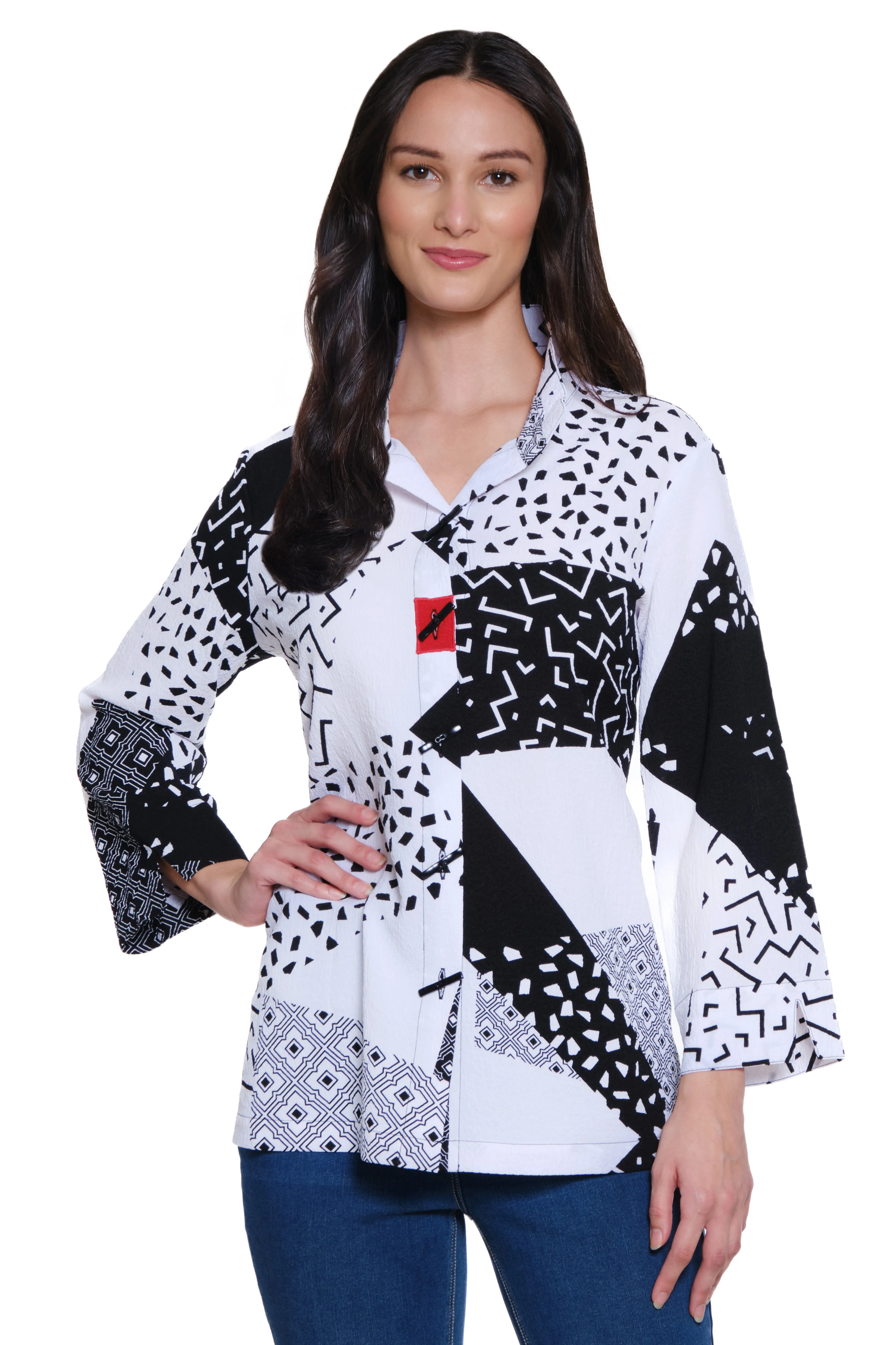 Woven Mixed Media Button Front Tunic - Women's - Black/White sold by Ail Miles Clothing