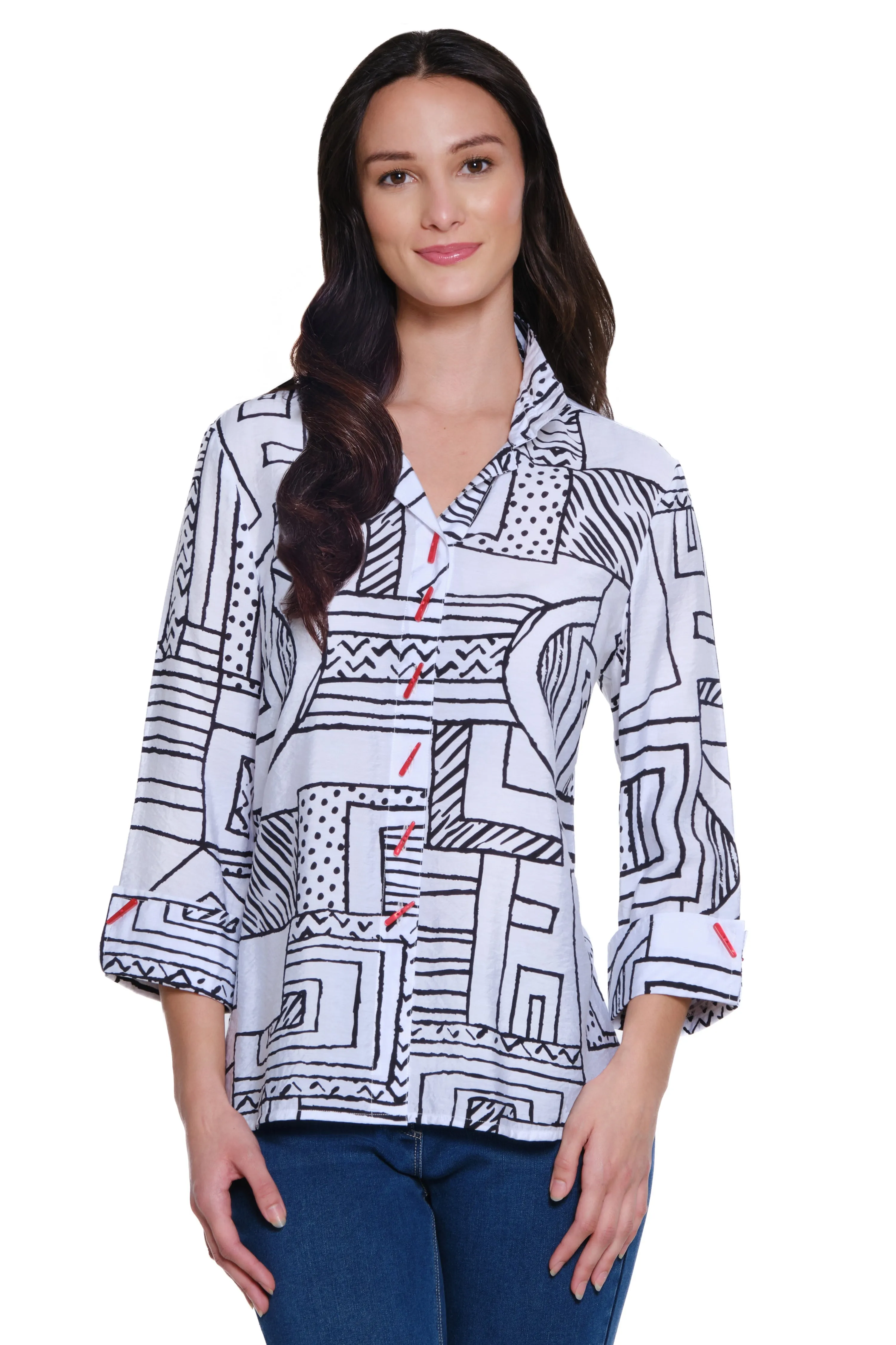 Wire Neck Woven Tunic - Petite - Black/White Print sold by Ail Miles Clothing