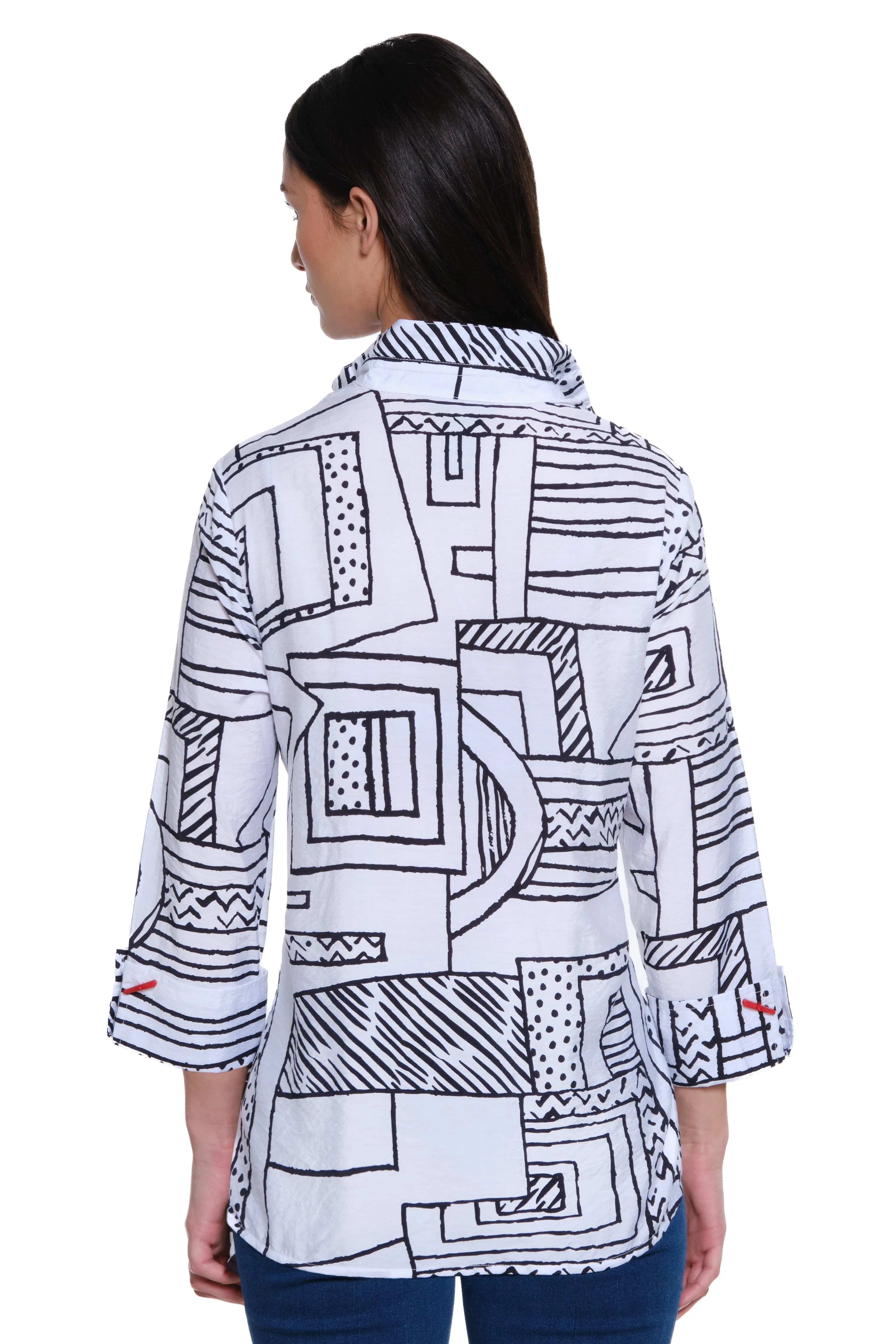 Wire Neck Woven Tunic - Petite - Black/White Print sold by Ail Miles Clothing product image thumbnail 2