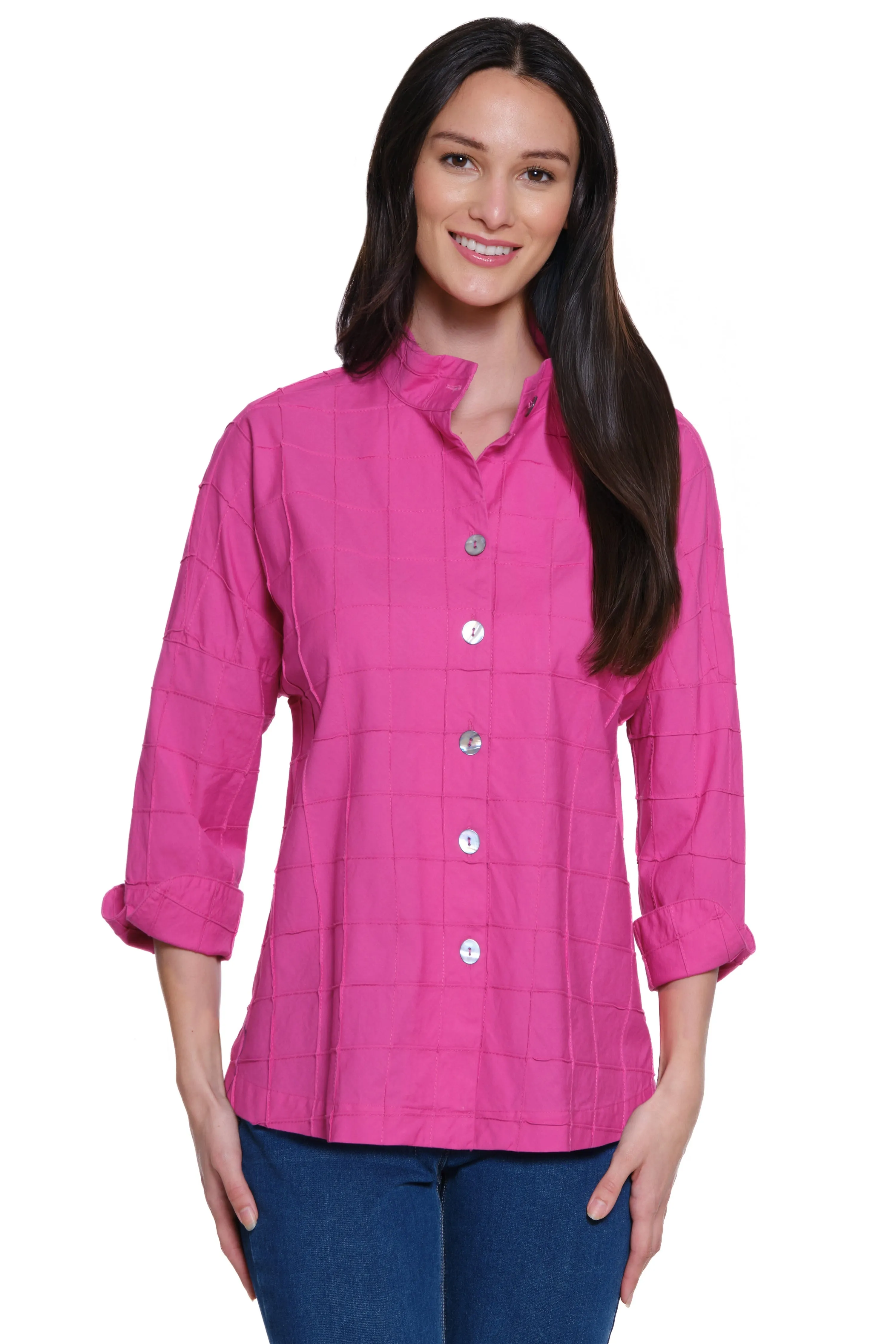 Woven Textured Button Front Tunic - Petite - Bright Pink sold by Ail Miles Clothing