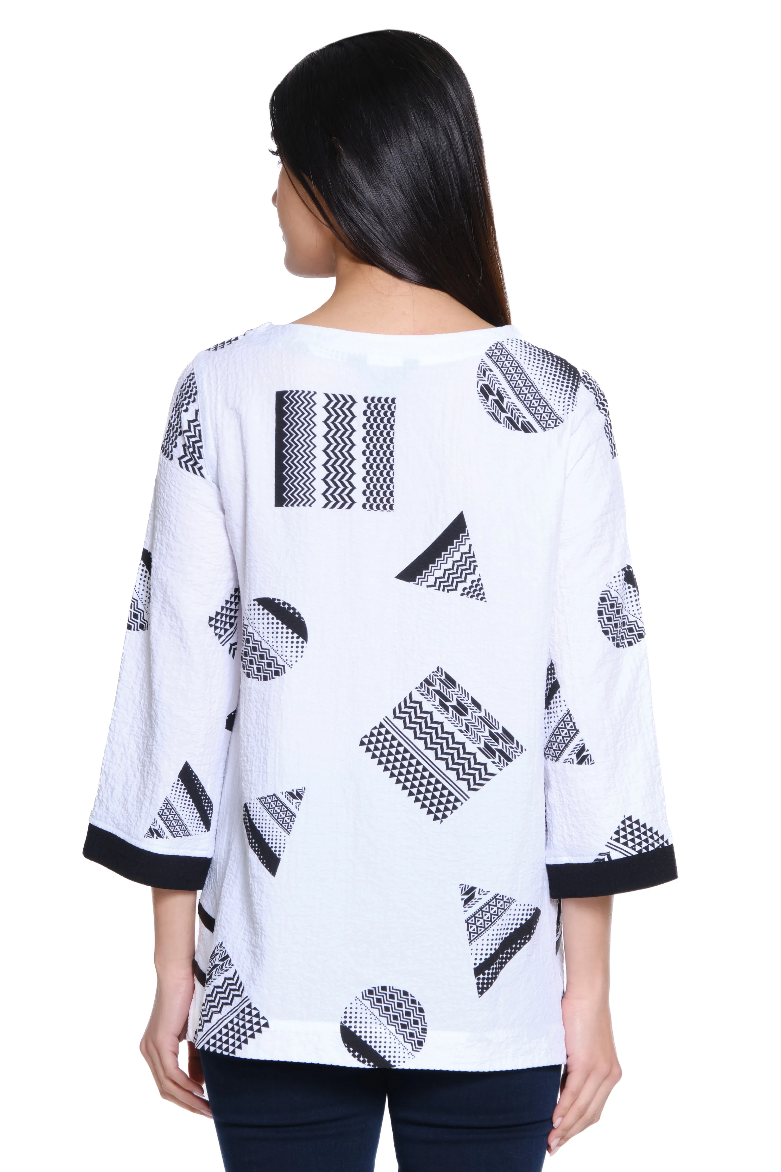 Woven Pucker Tunic 3/4 Sleeves - Petite - Black/White Print sold by Ail Miles Clothing product image thumbnail 2