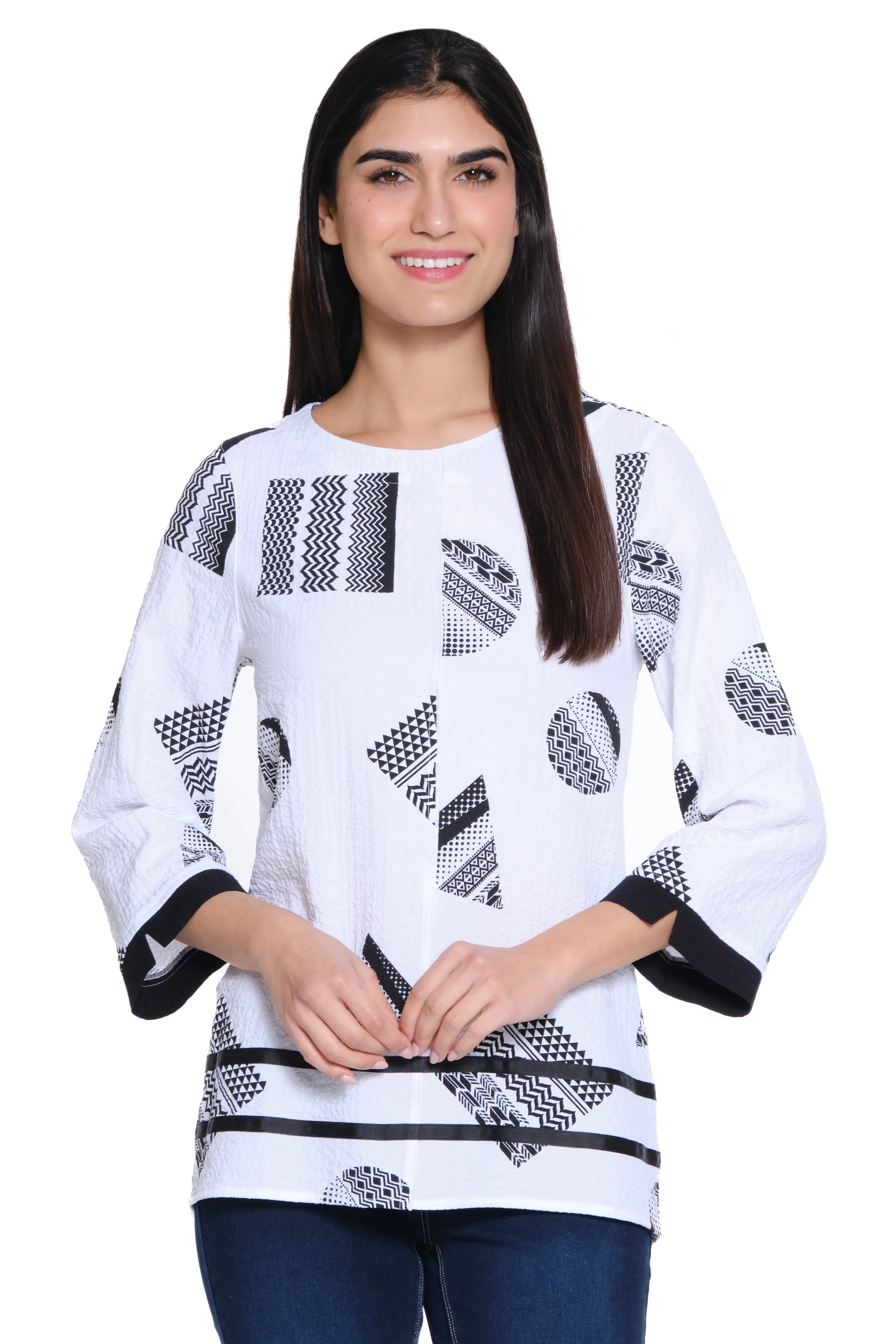 Woven Pucker Tunic 3/4 Sleeves - Petite - Black/White Print sold by Ail Miles Clothing
