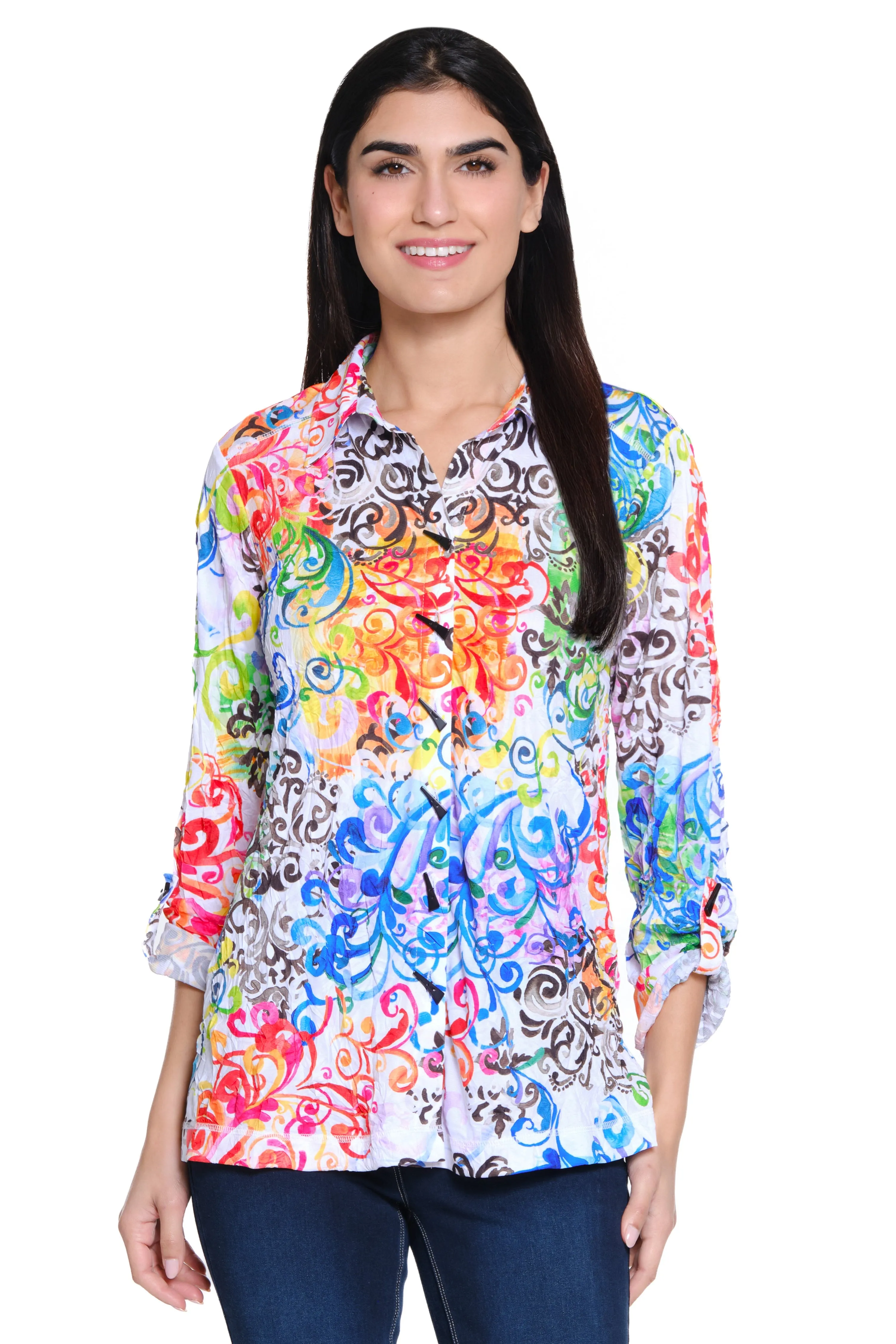 Knit Button Front Blouse Point Collar - Petite - Abstract Multi sold by Ail Miles Clothing