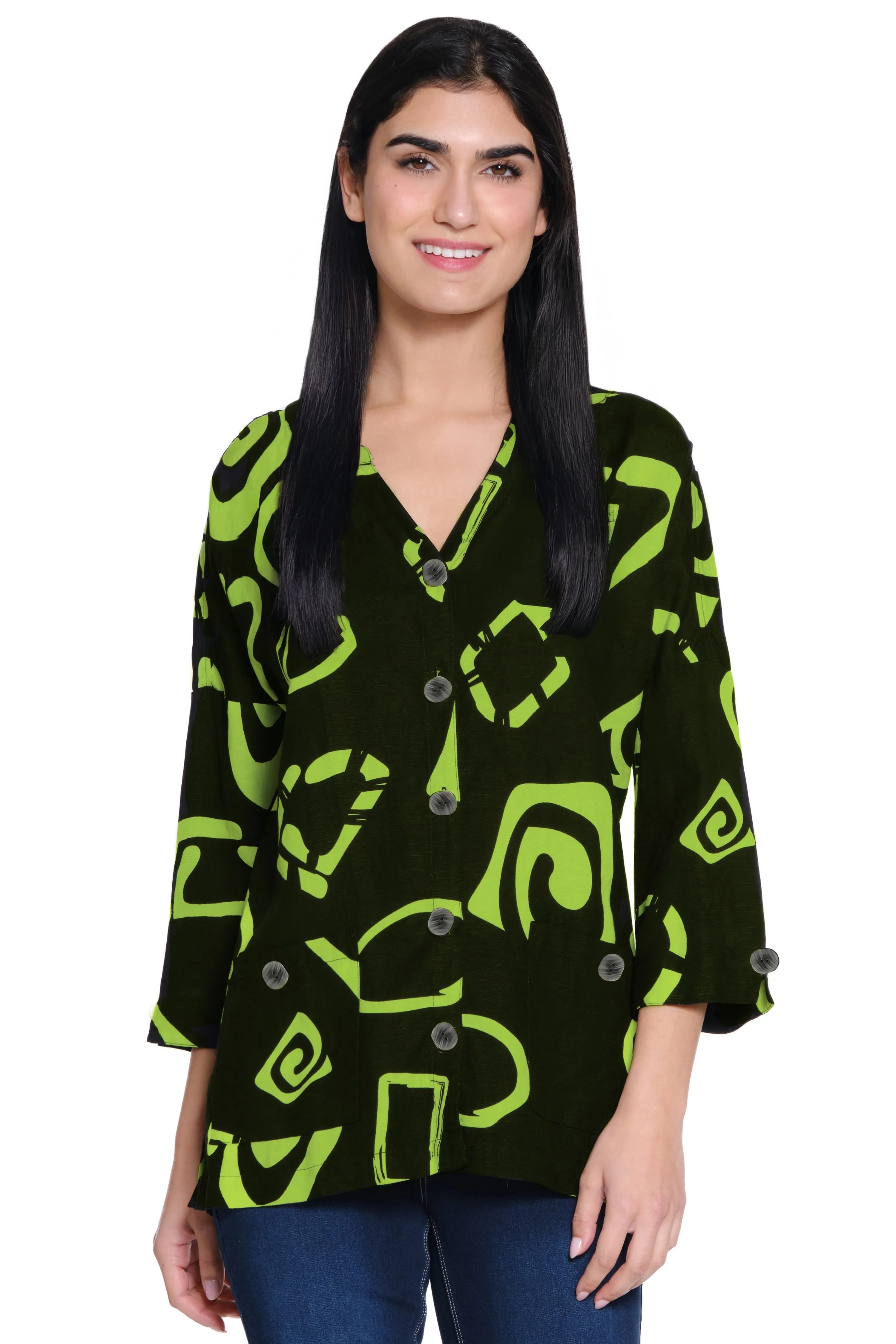 Woven Button Front Blouse - Lime Print sold by Ail Miles Clothing