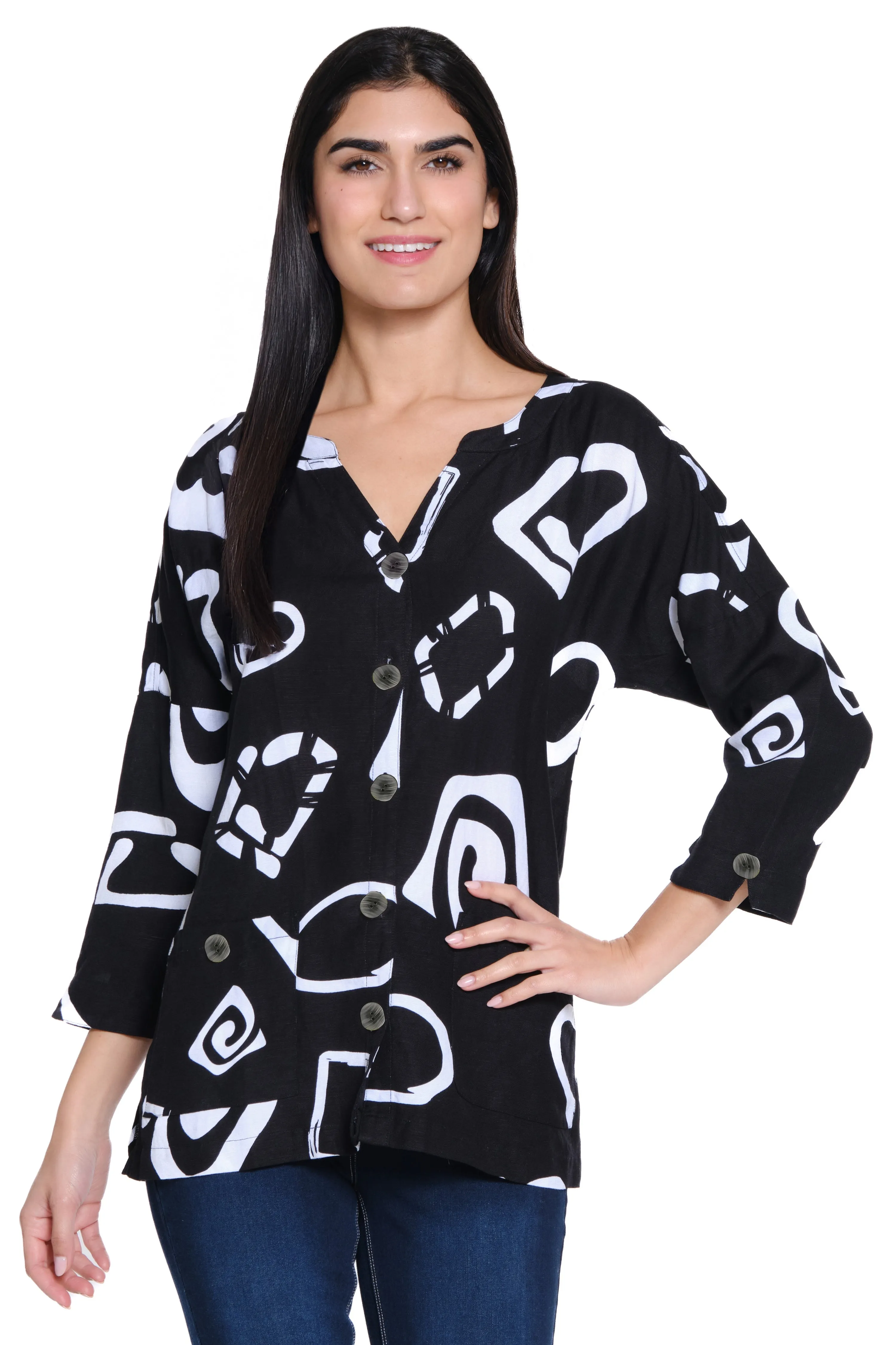 Woven Button Front Blouse - Women's - Black/White sold by Ail Miles Clothing