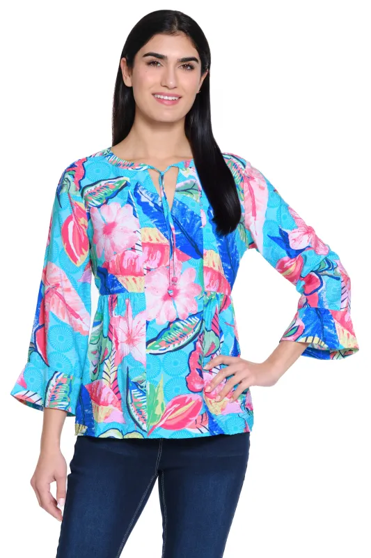 Print Flounce Sleeve Top - Petite - Leaf Multi sold by Ail Miles Clothing