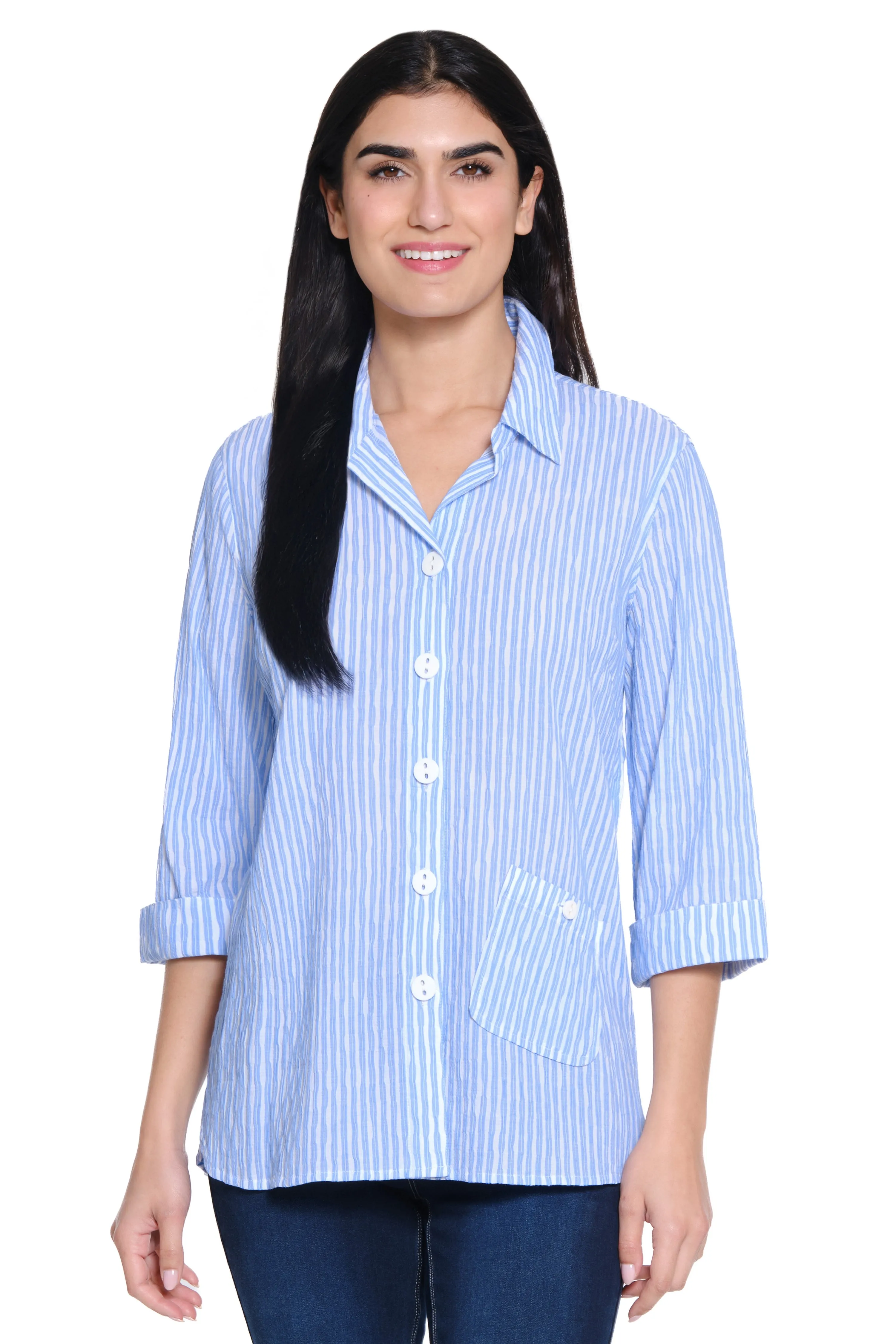 Woven Button Front Blouse - Women's - White/Blue sold by Ail Miles Clothing