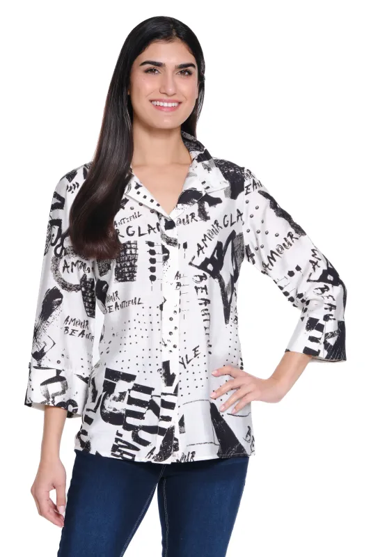 Woven Button Front Blouse - Black/White Print sold by Ail Miles Clothing