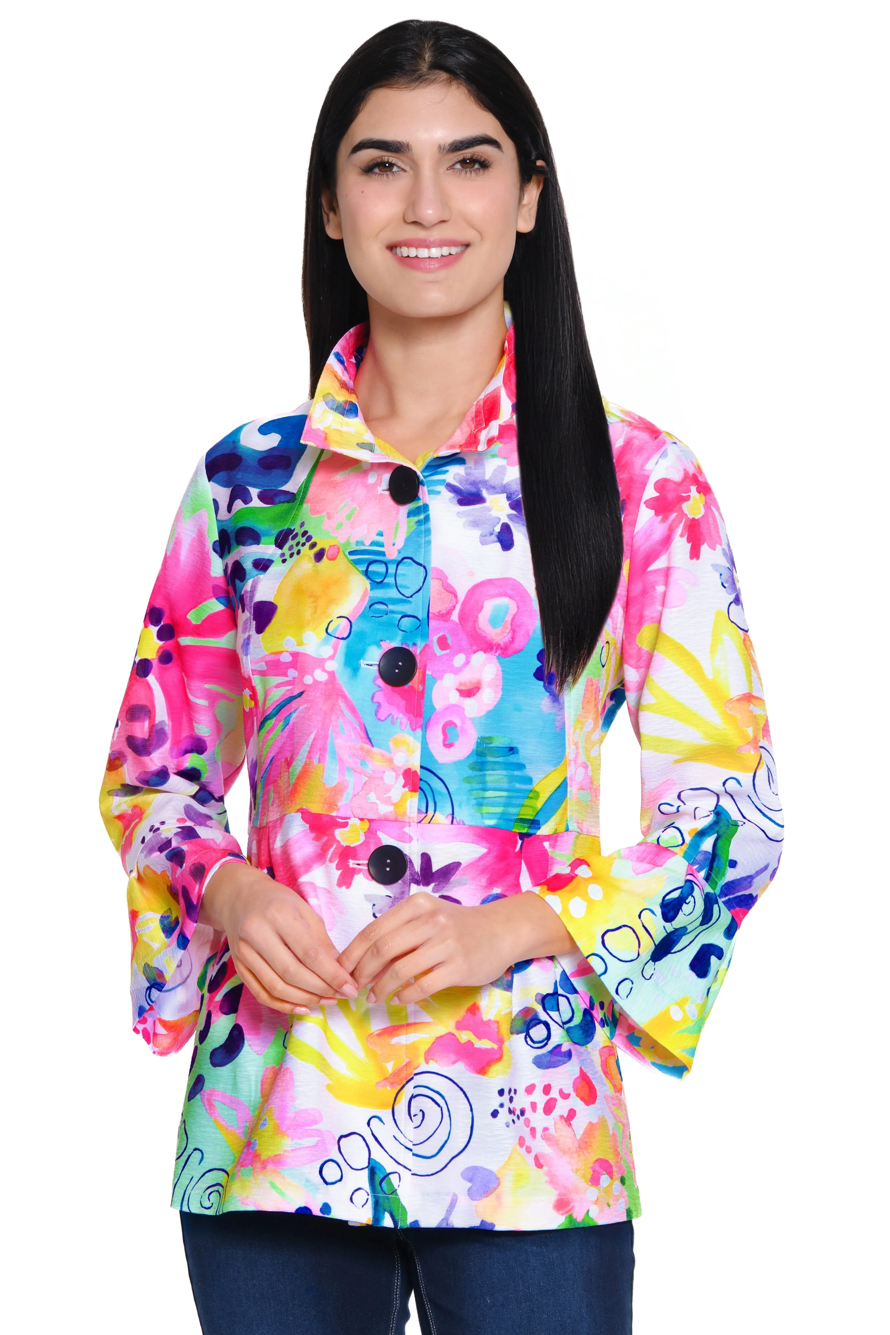 Print Woven Button Front Jacket - Plus - Abstract Multi sold by Ail Miles Clothing