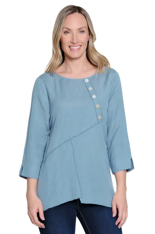 Linen Blend Top with Front Button Details - Chambray sold by Ail Miles Clothing