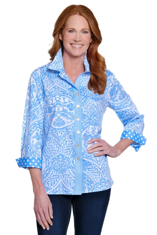 Print Cotton Button Front Blouse - Blue/White sold by Ail Miles Clothing
