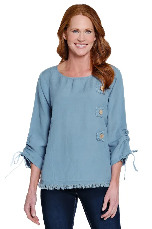 Linen Blend Tunic with Fringe Trim - Chambray sold by Ail Miles Clothing