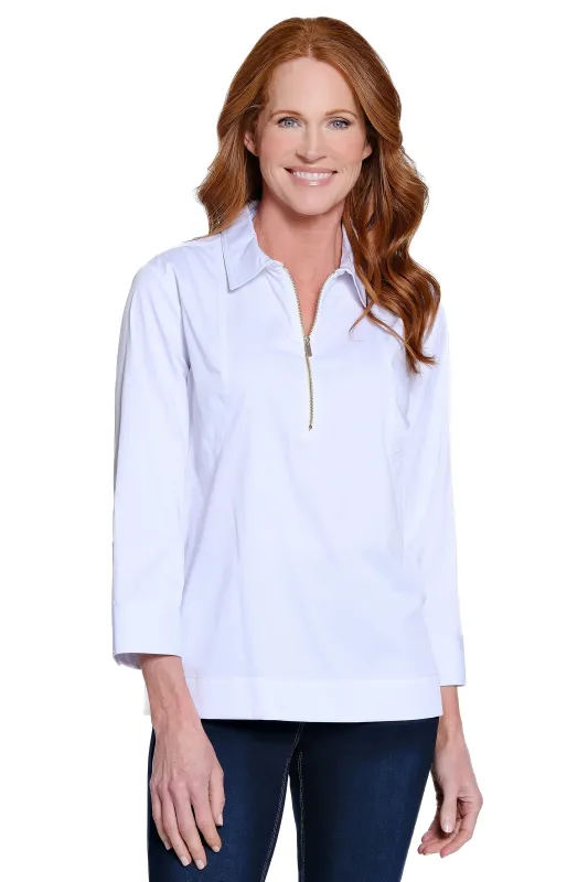 Woven Tunic with Quarter Zip - White sold by Ail Miles Clothing