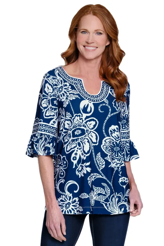 Printed Tunic with Flounced Sleeves - Blue Floral sold by Ail Miles Clothing