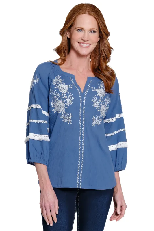 Cotton Tunic with Lace Detail and Floral Embroidery - White/Blue sold by Ail Miles Clothing