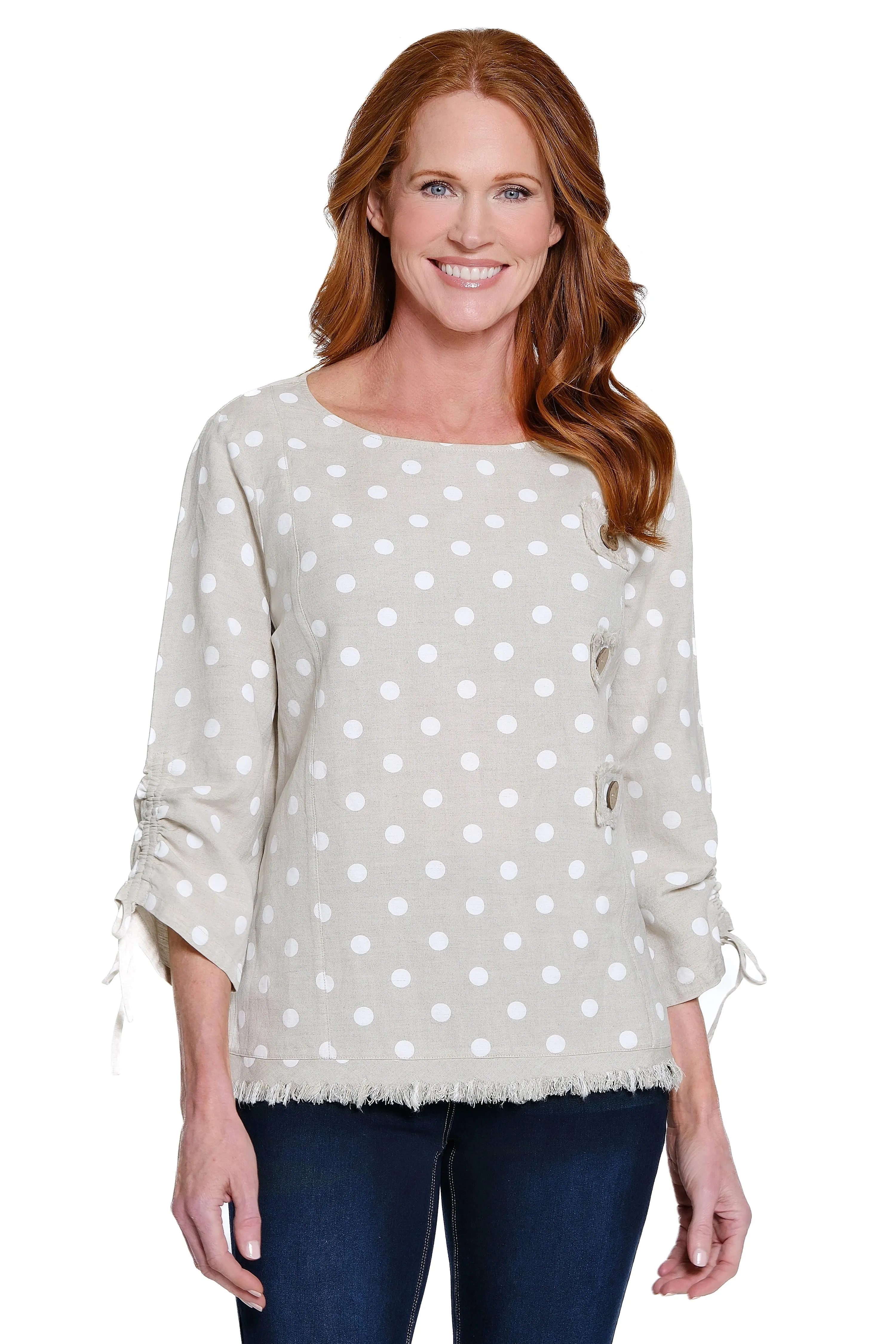 Linen Blend Tunic with Fringe Trim - Petite - Flax sold by Ail Miles Clothing