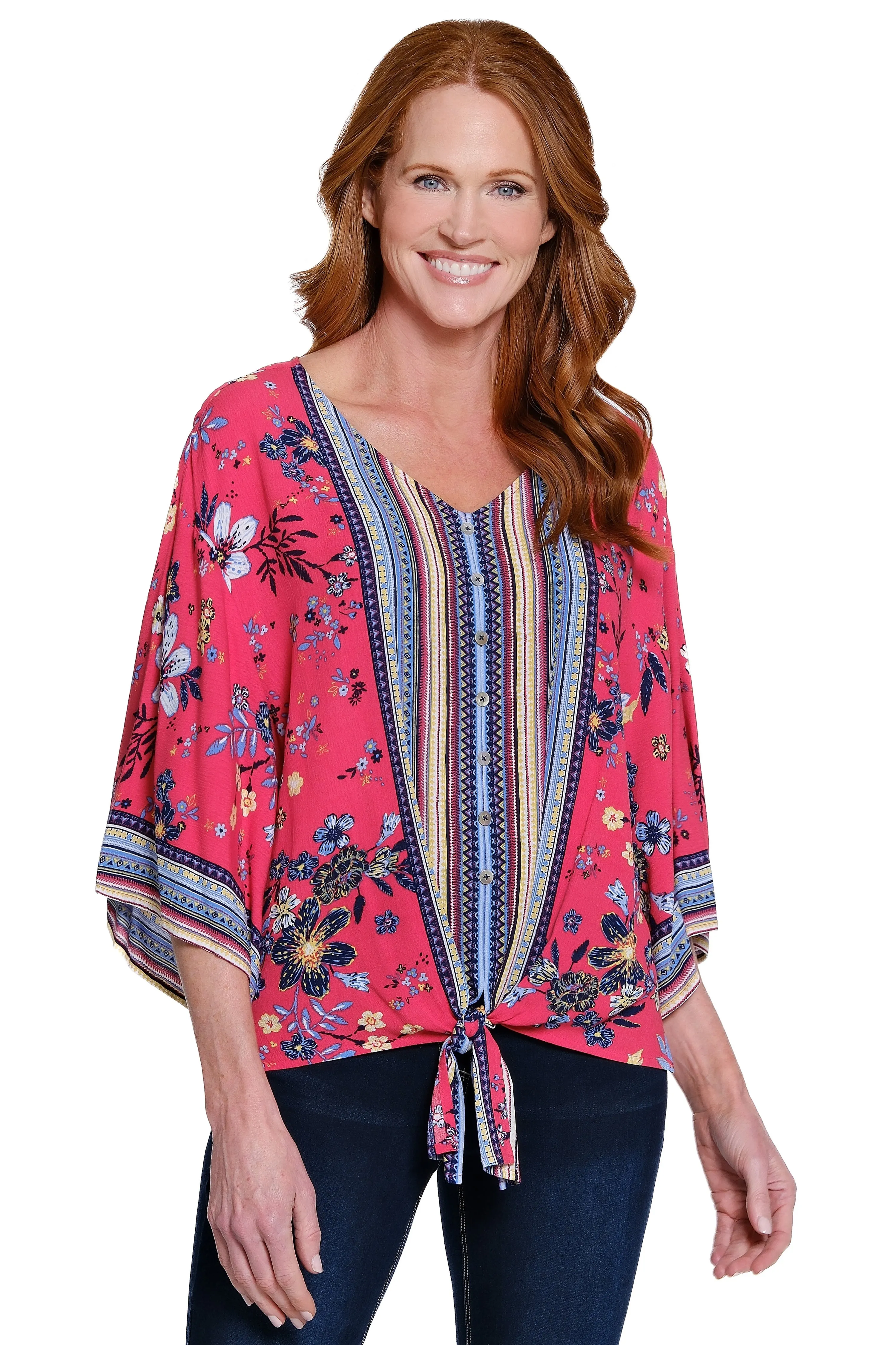 Pop-Over Tie-Front Tunic - Petite - Red sold by Ail Miles Clothing